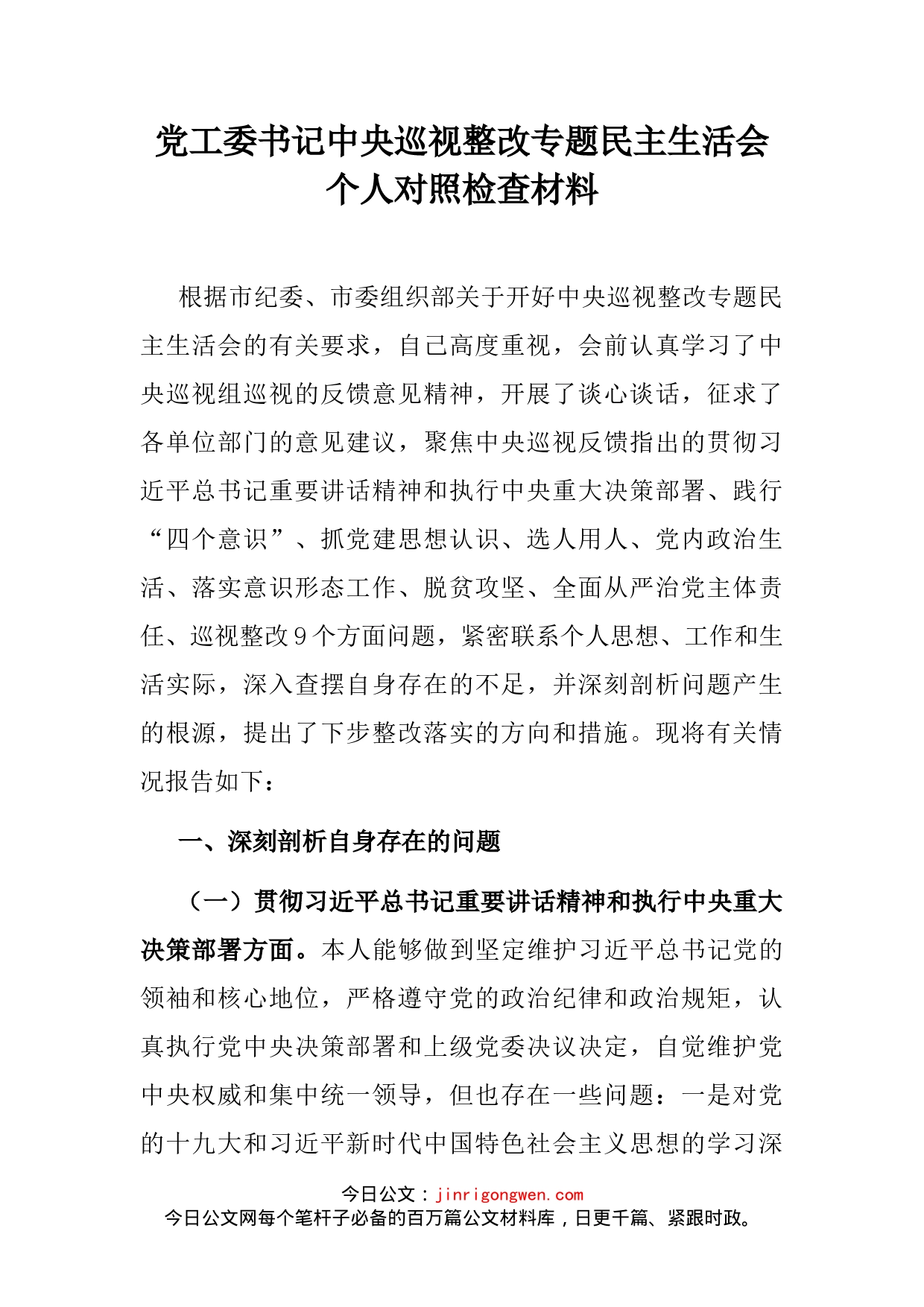 党工委书记中央巡视整改专题民主生活会个人对照检查材料_第2页