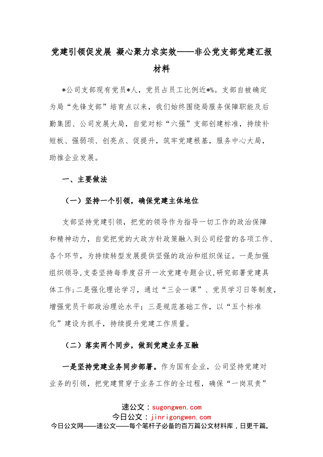 党建引领促发展凝心聚力求实效非公党支部党建汇报材料_第1页