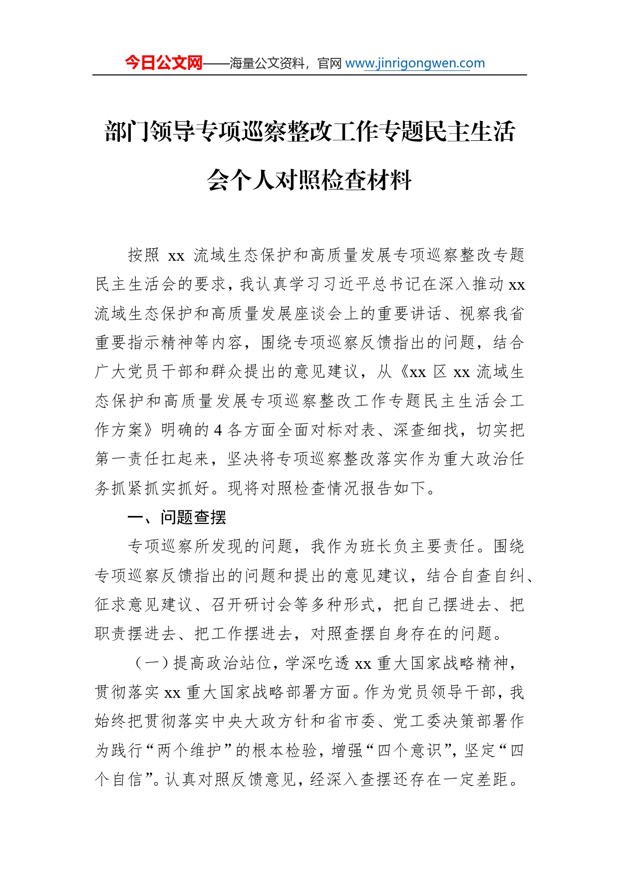 部门领导专项巡察整改工作专题民主生活会个人对照检查材料264_第1页