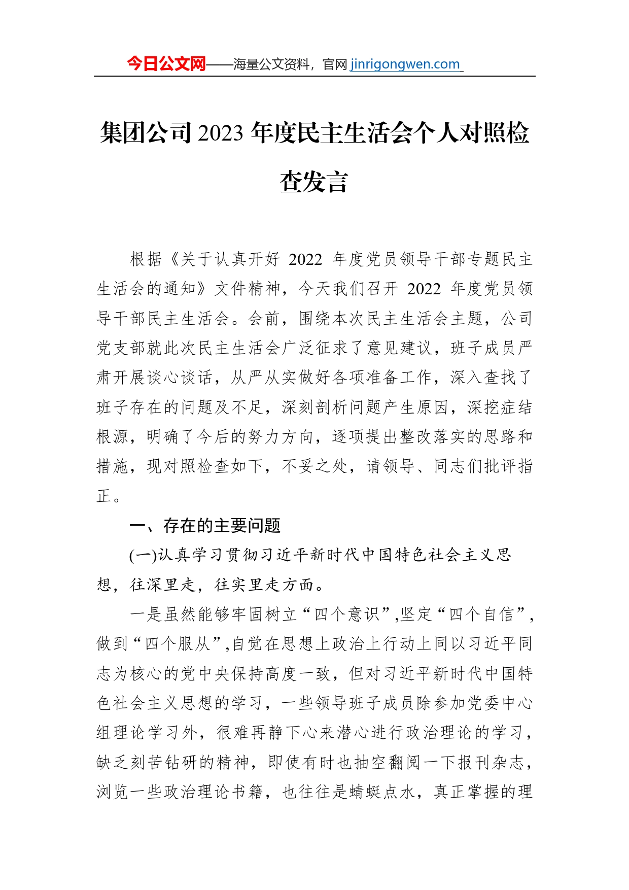 集团公司2023年度民主生活会个人对照检查发言_第1页