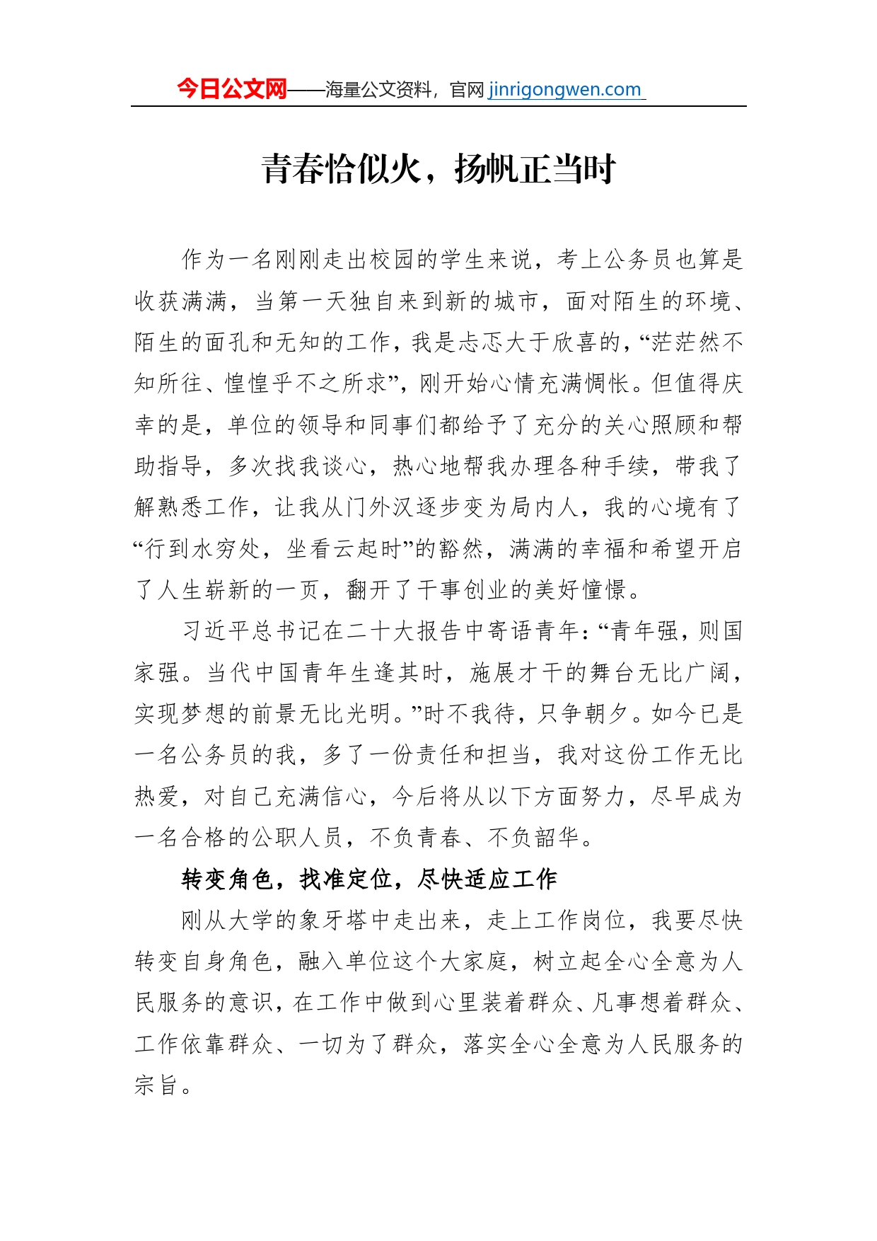 青春恰似火，扬帆正当时——选调生座谈会发言材料_第1页