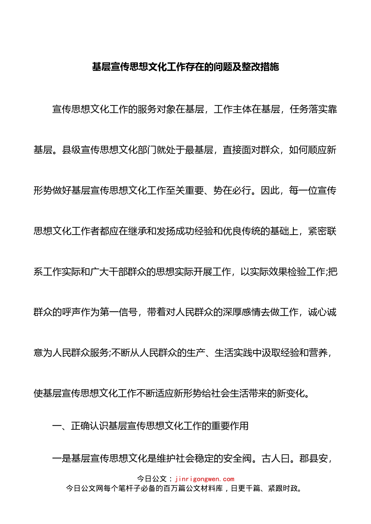 基层宣传思想文化工作存在的问题及整改措施(1)_第1页