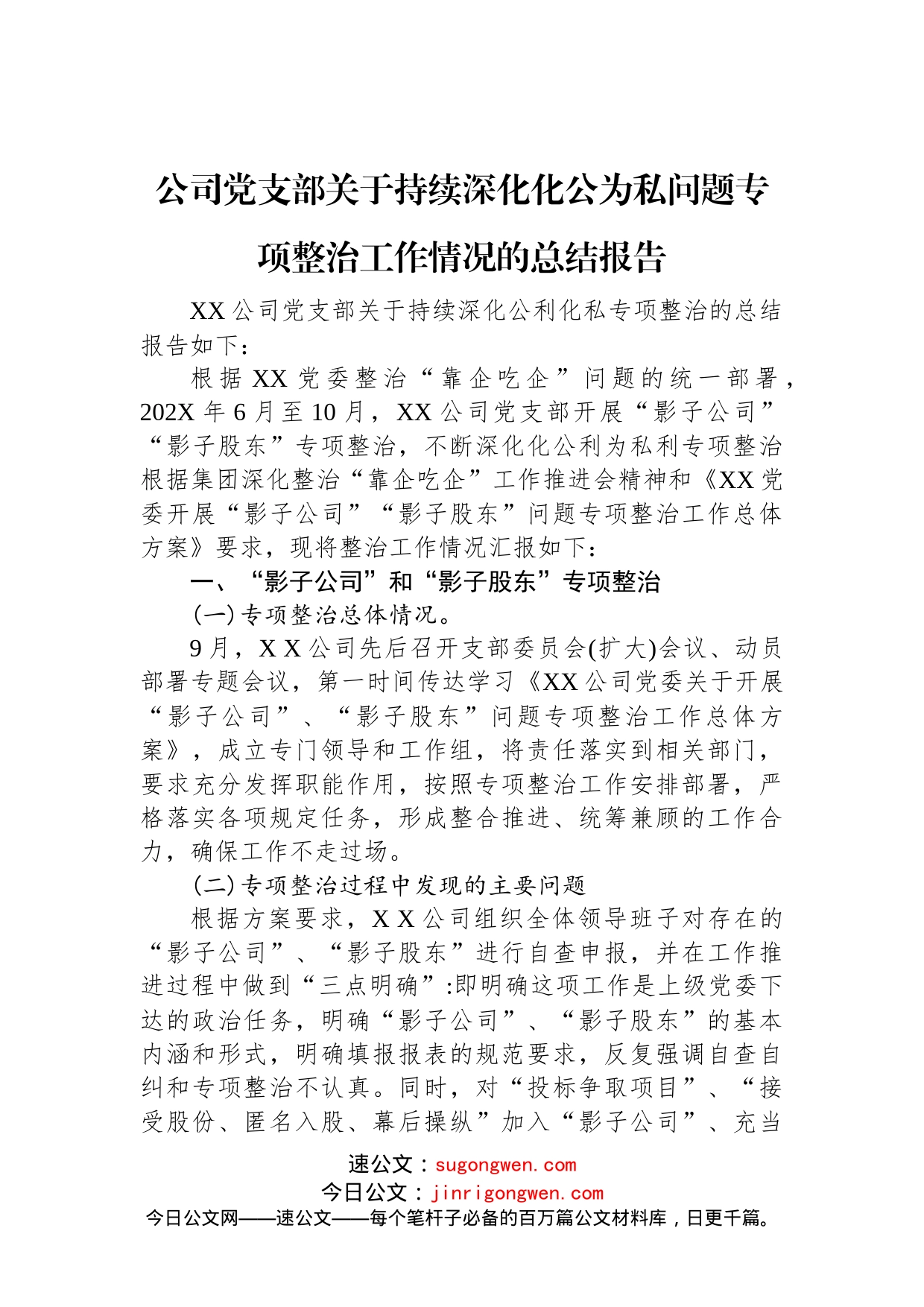 公司党支部关于持续深化化公为私问题专项整治工作情况的总结报告_第1页