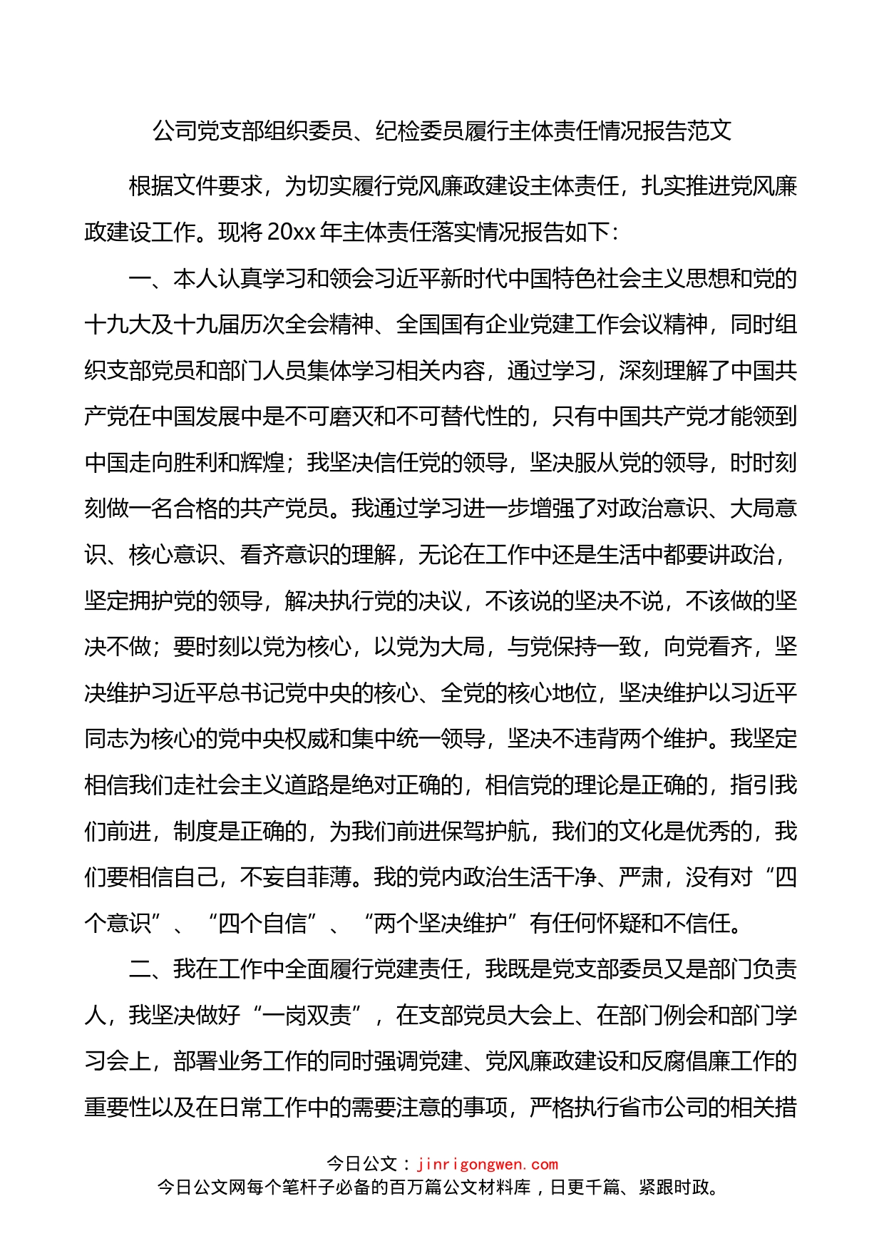 公司党支部组织委员纪检委员履行主体责任情况总结报告_第1页