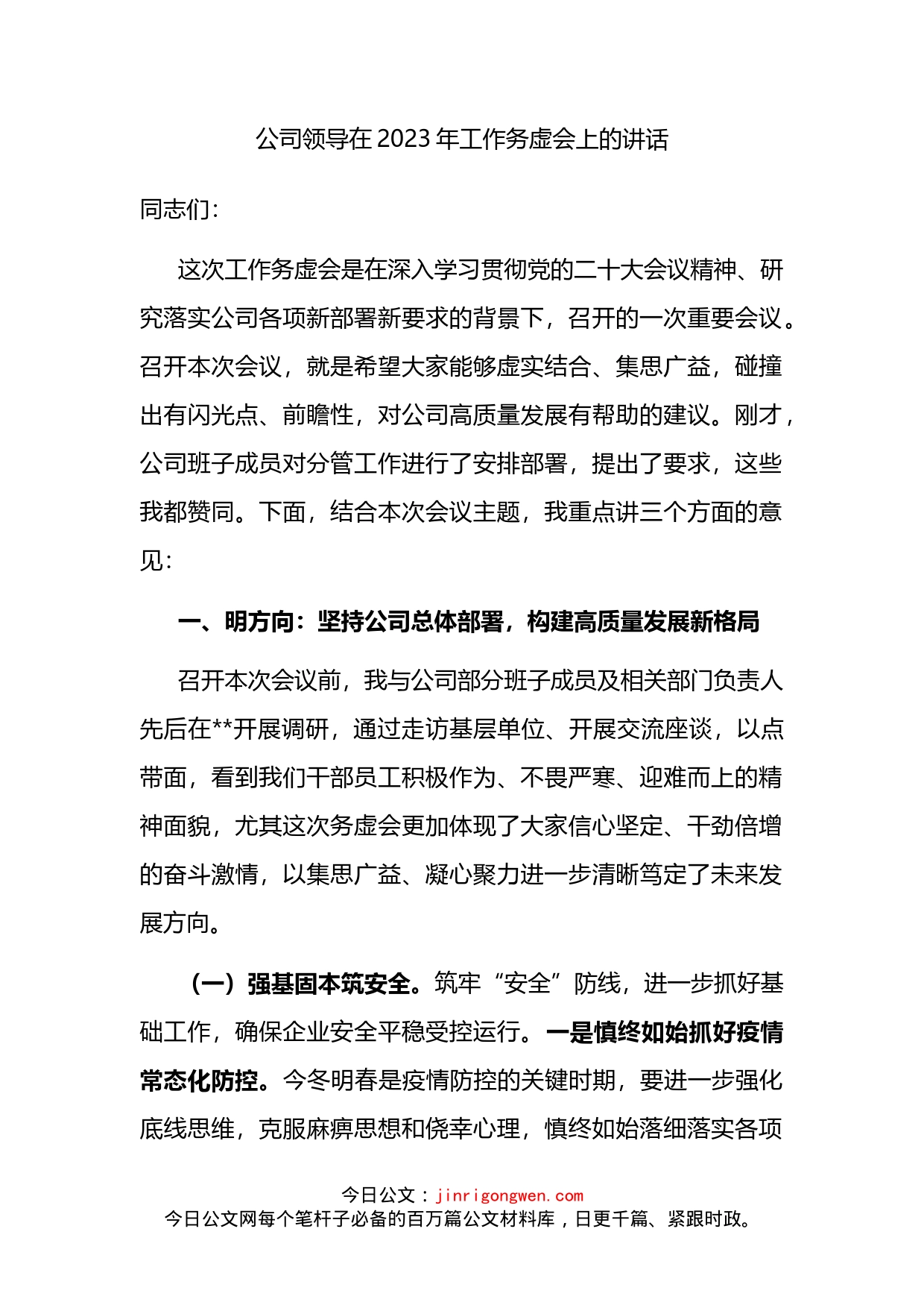 公司领导在2023年工作务虚会上的讲话_第1页