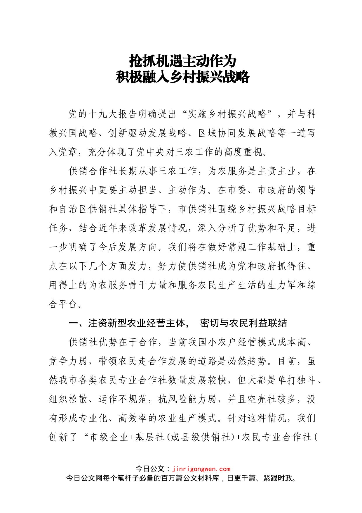 抢抓机遇主动作为积极融入乡村振兴战略_第1页