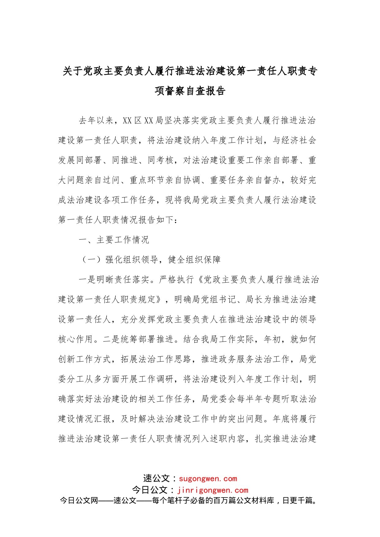 关于党政主要负责人履行推进法治建设第一责任人职责专项督察自查报告_第1页