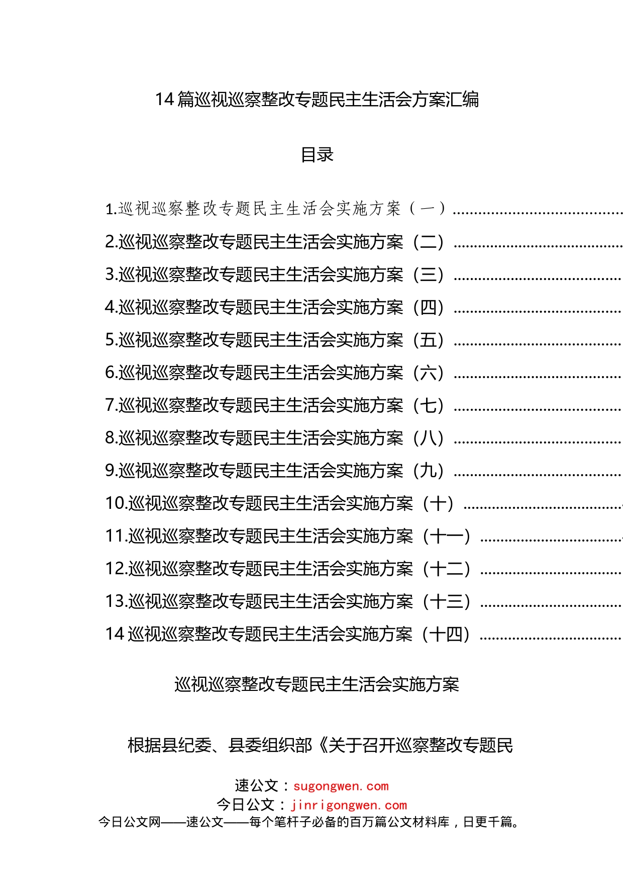 14篇巡视巡察整改专题民主生活会方案汇编_第1页