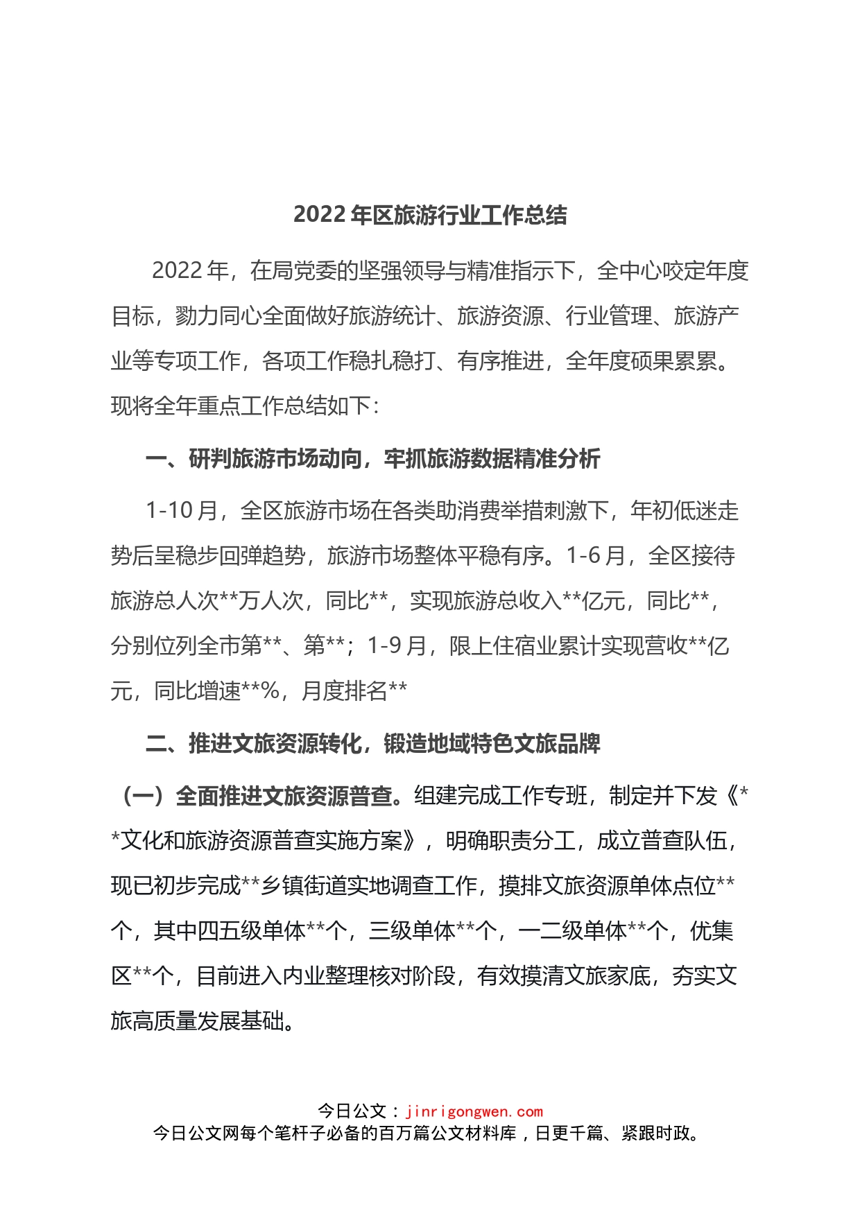 2022年区旅游行业工作总结(1)_第1页