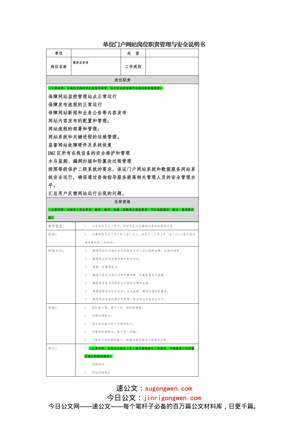 单位门户网站岗位职责管理与安全说明书_第1页