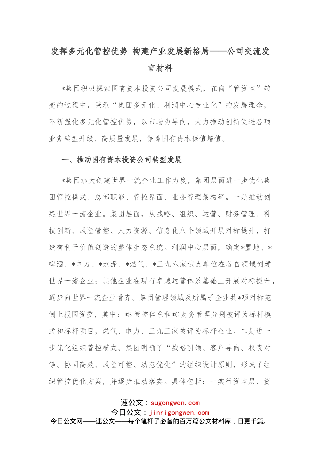 发挥多元化管控优势构建产业发展新格局公司交流发言材料_第1页