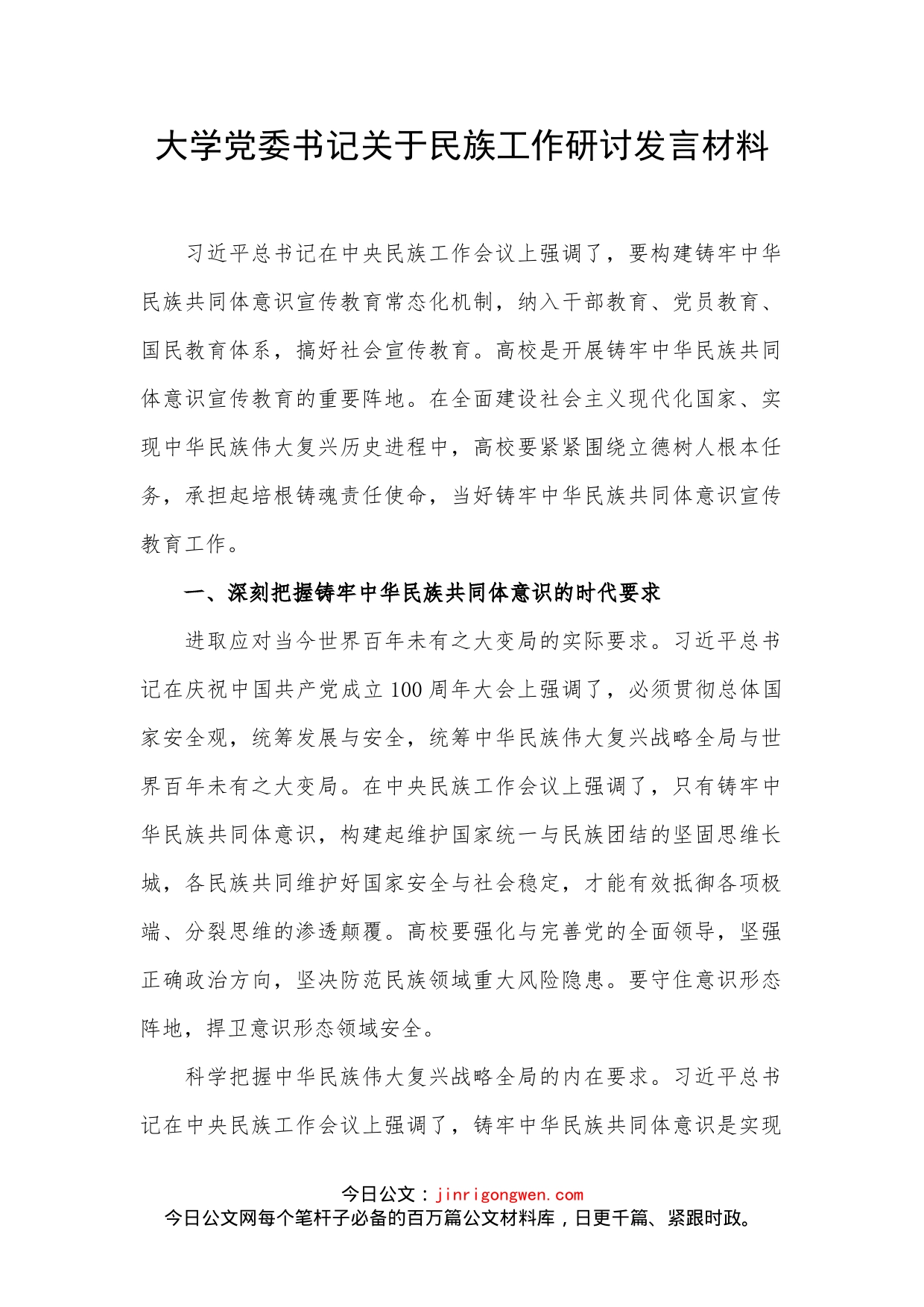 大学党委书记关于民族工作研讨发言材料_第1页
