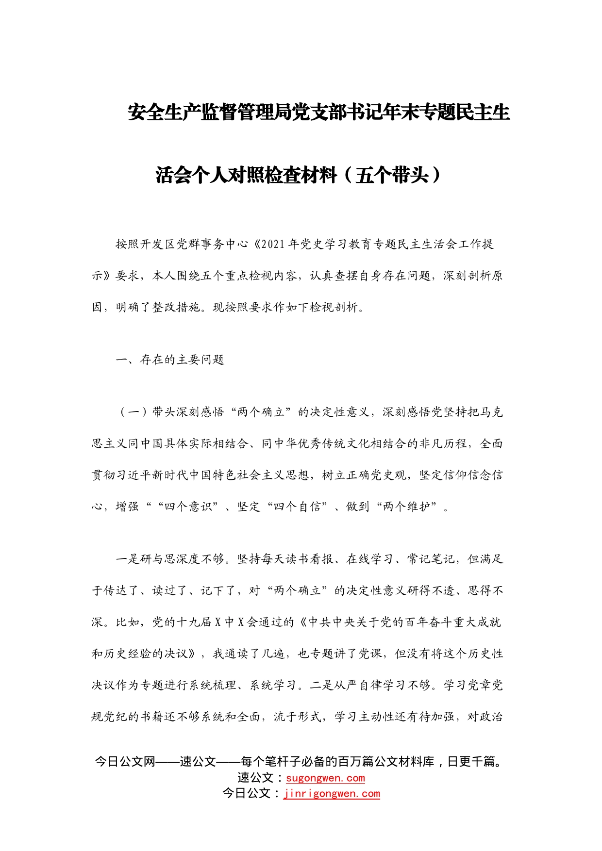 安全生产监督管理局党支部书记年末专题民主生活会个人对照检查材料（五个带头）_第1页