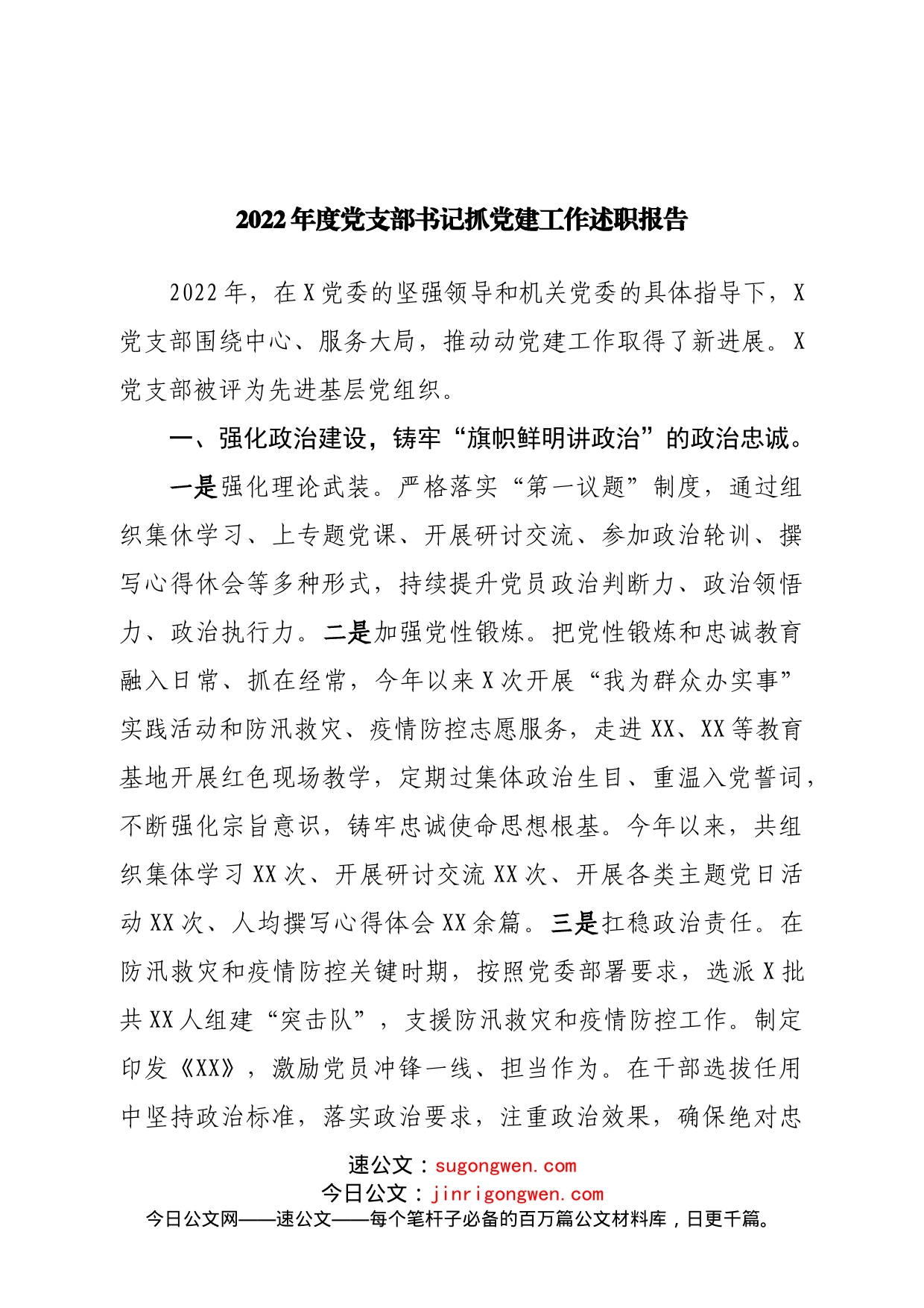 2022年度党支部书记抓党建工作述职报告_第1页