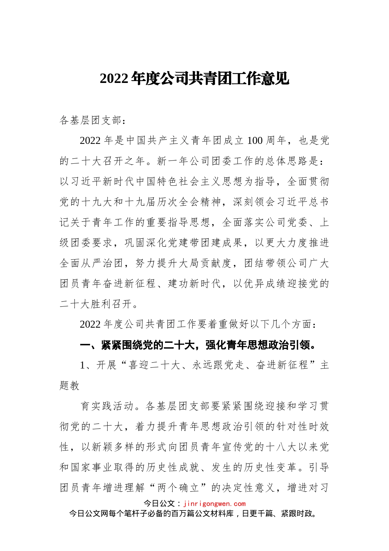 2022年度公司共青团工作意见(1)_第1页