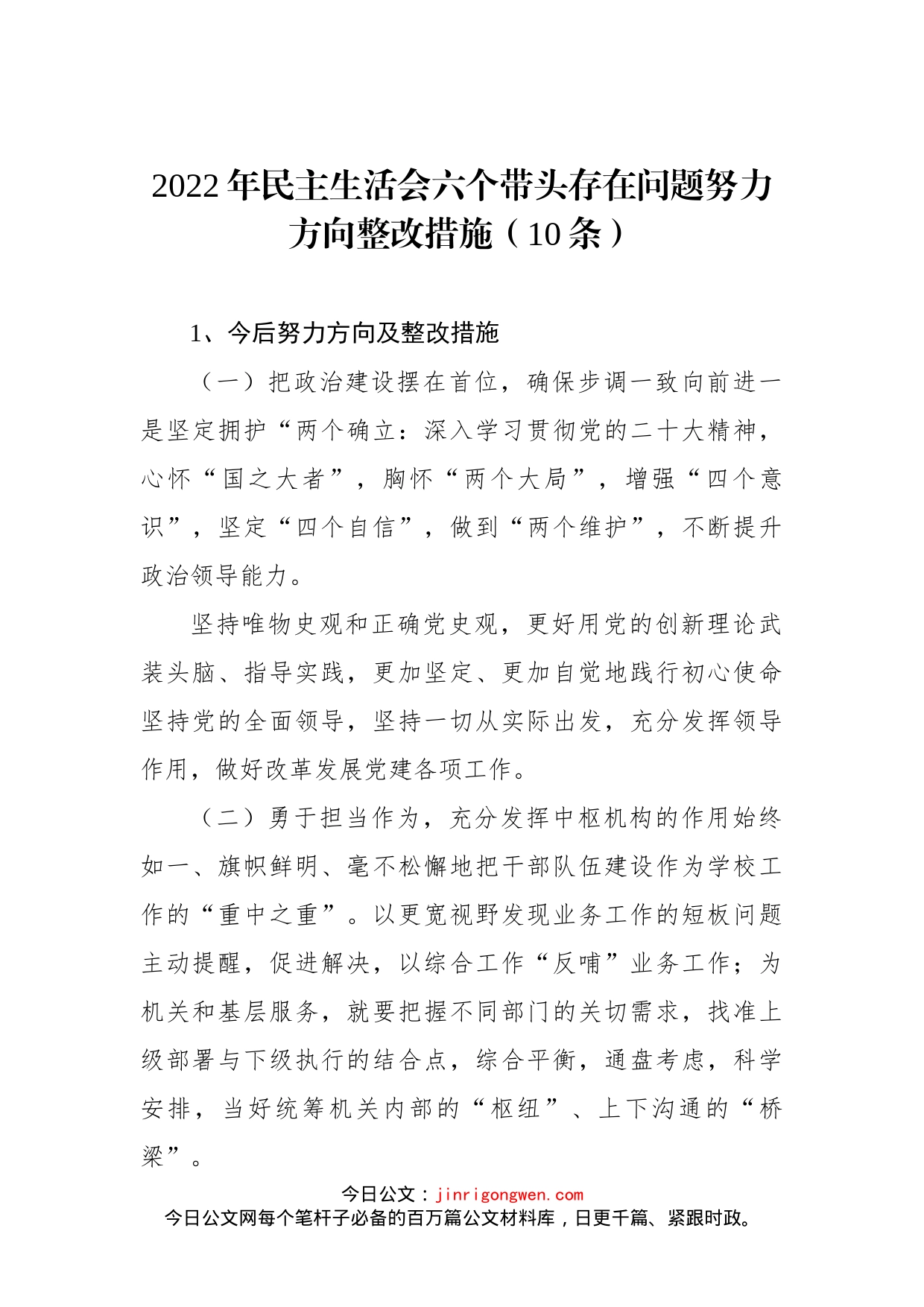 2022年民主生活会六个带头存在问题努力方向整改措施（10条）_第1页