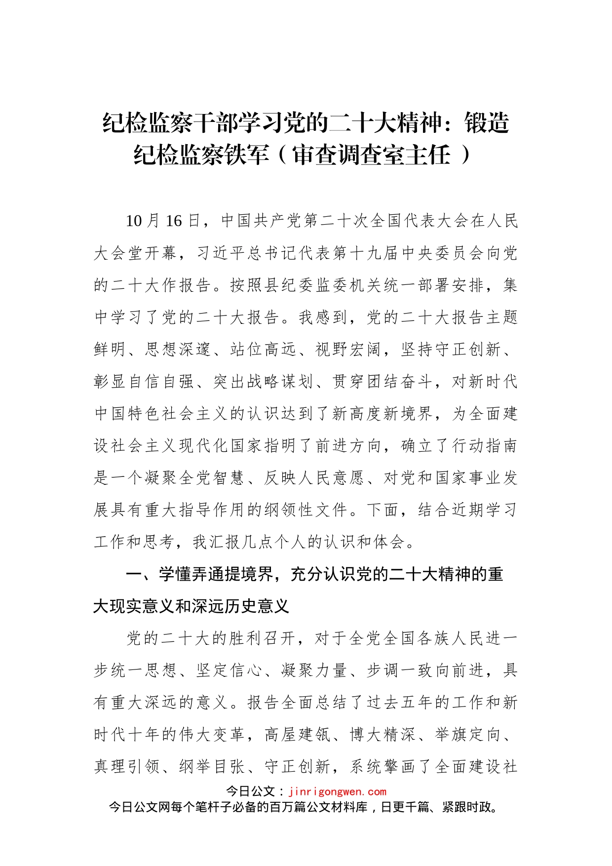 纪检监察干部学习党的二十大精神：锻造纪检监察铁军（审查调查室主任 ）_第1页