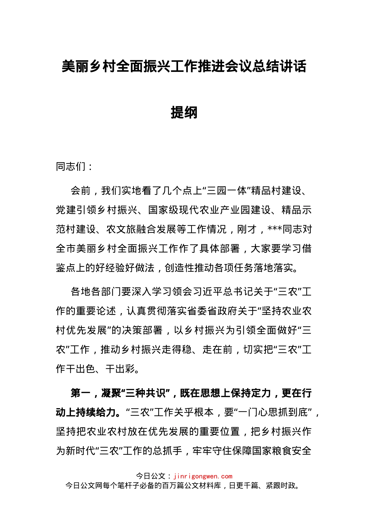 美丽乡村全面振兴工作推进会议总结讲话提纲_第1页