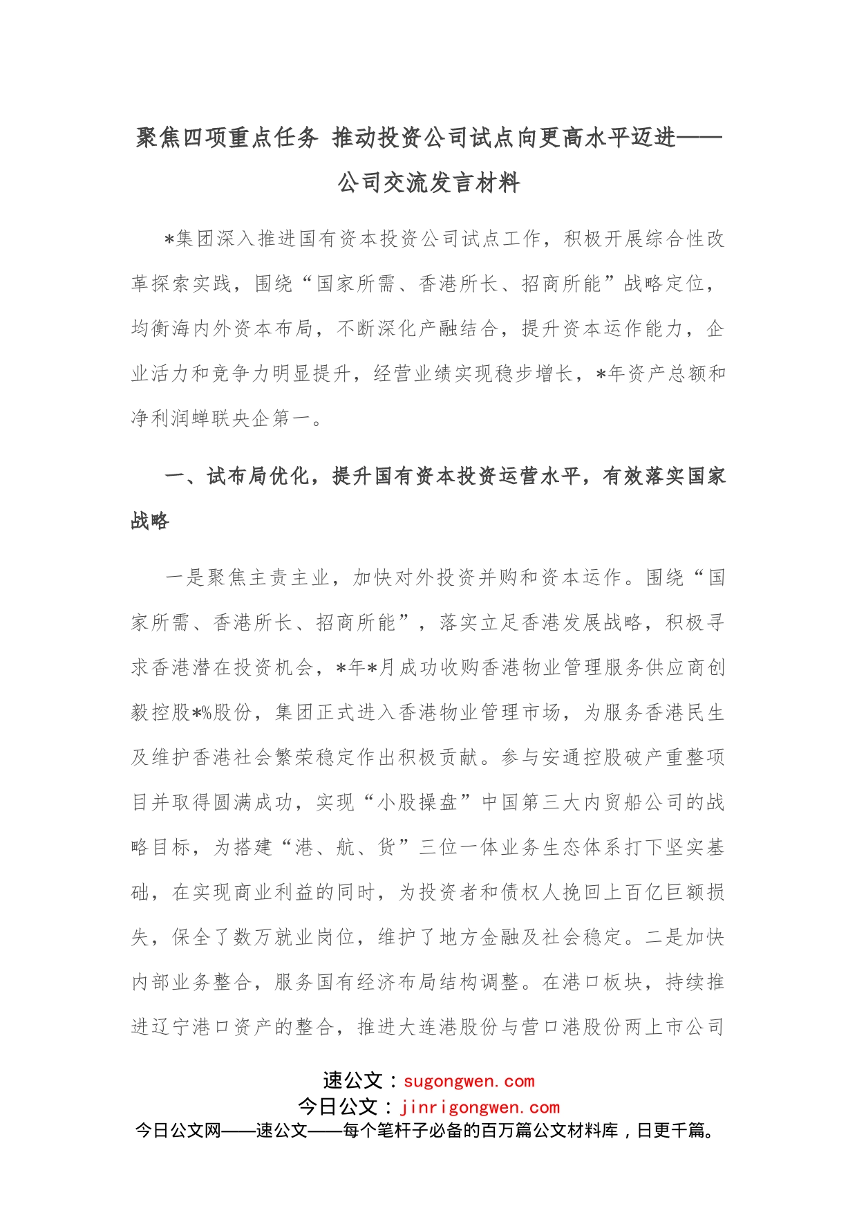 聚焦四项重点任务推动投资公司试点向更高水平迈进公司交流发言材料_第1页