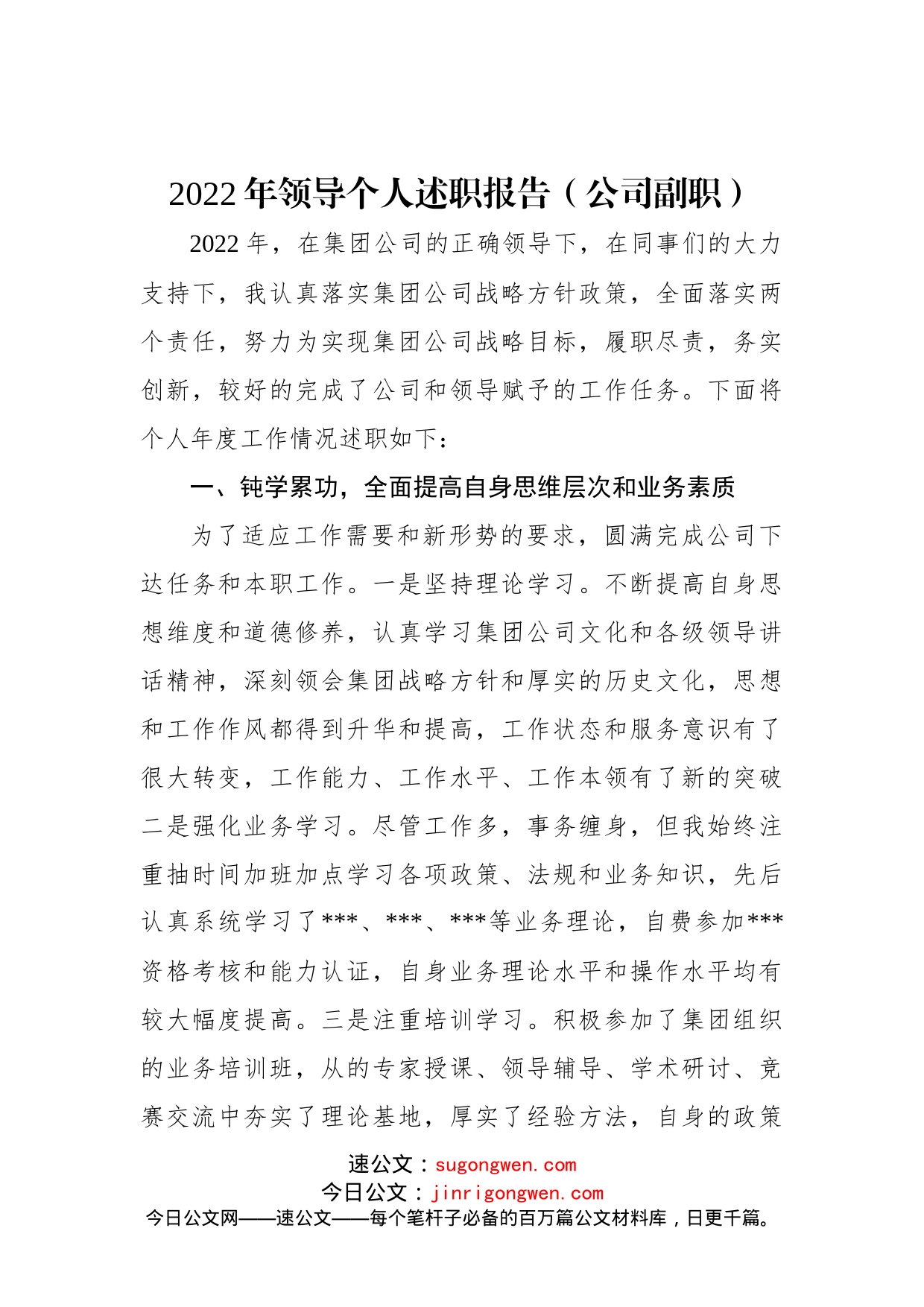 2022年领导个人述职报告（公司副职）(1)_第1页