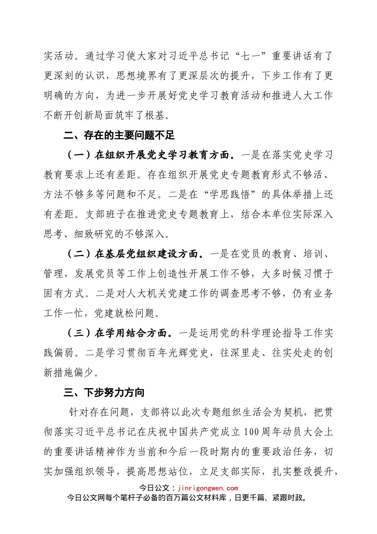 贯彻落实习总书记建党百年讲话精神组织生活会支部班子发言材料_第2页