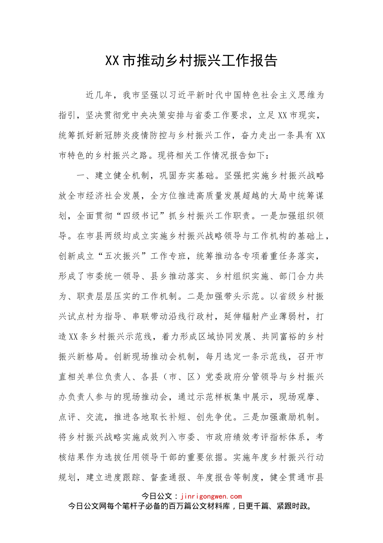 XX市推动乡村振兴工作报告_第1页