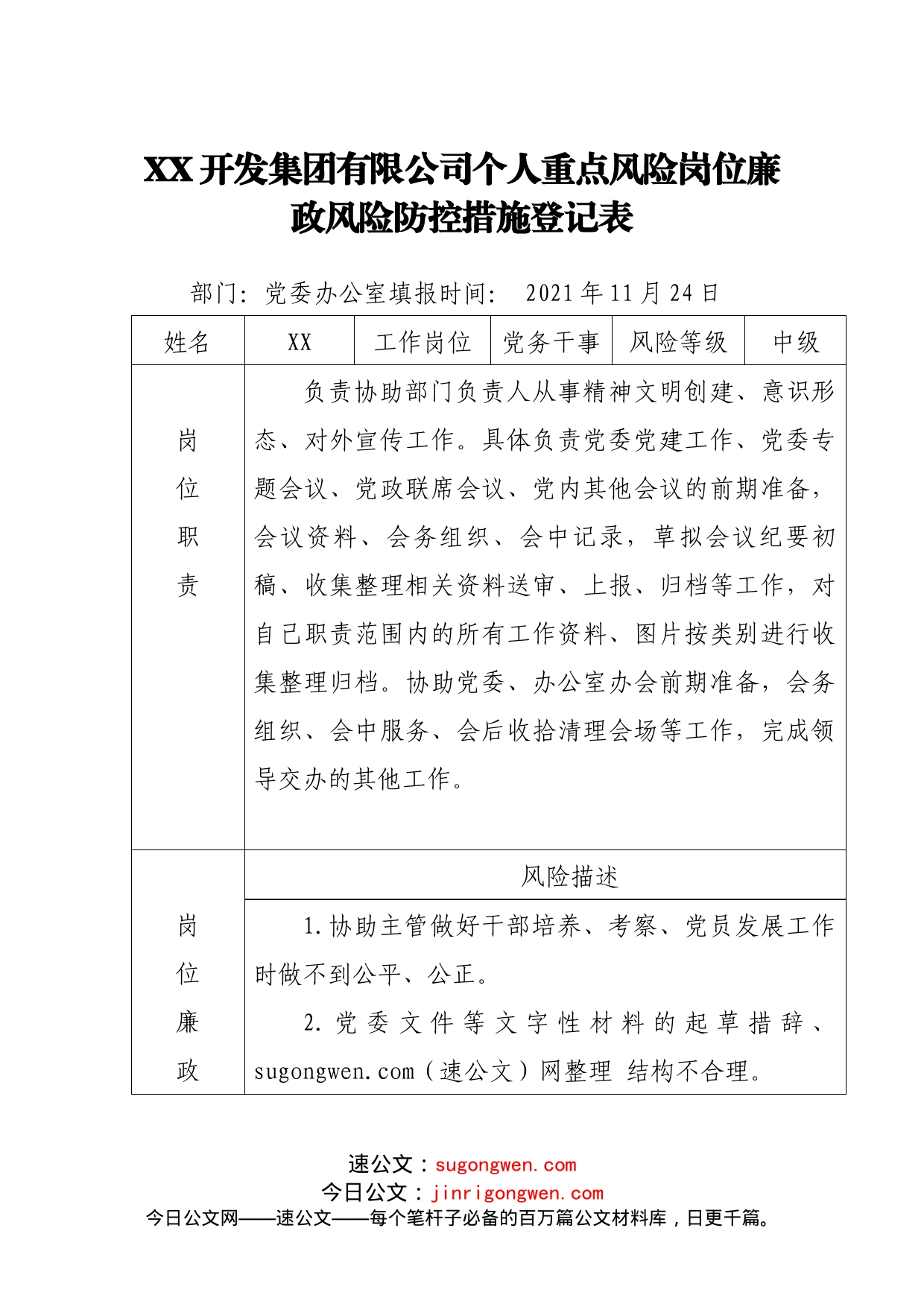 XX开发集团有限公司个人重点风险岗位廉政风险防控措施登记表_第1页