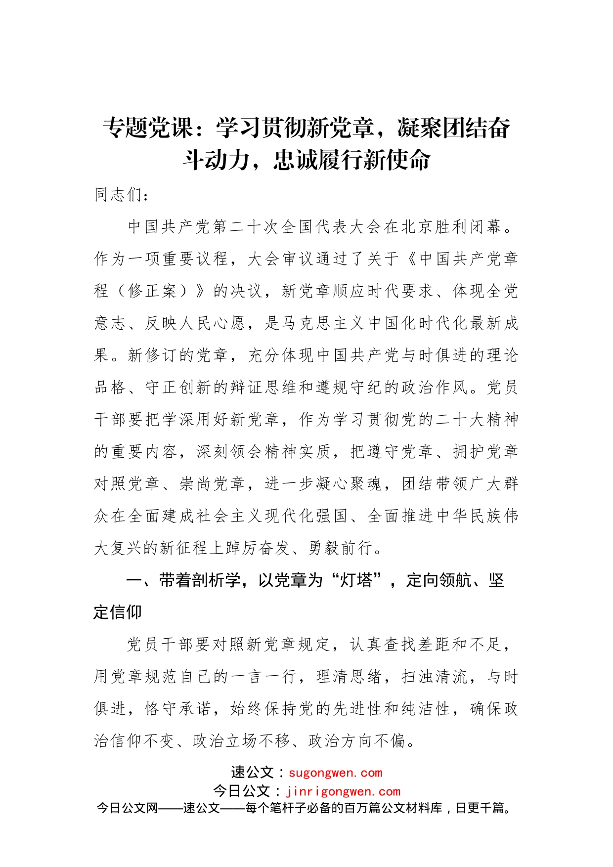 专题党课：学习贯彻新党章，凝聚团结奋斗动力，忠诚履行新使命_第1页