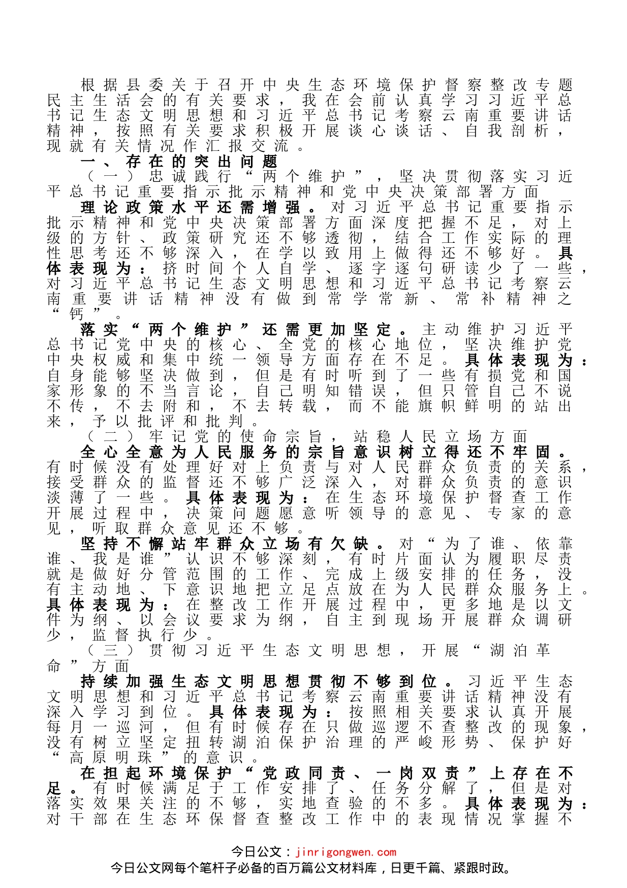 中央生态环境保护督察整改专题民主生活会个人发言_第1页