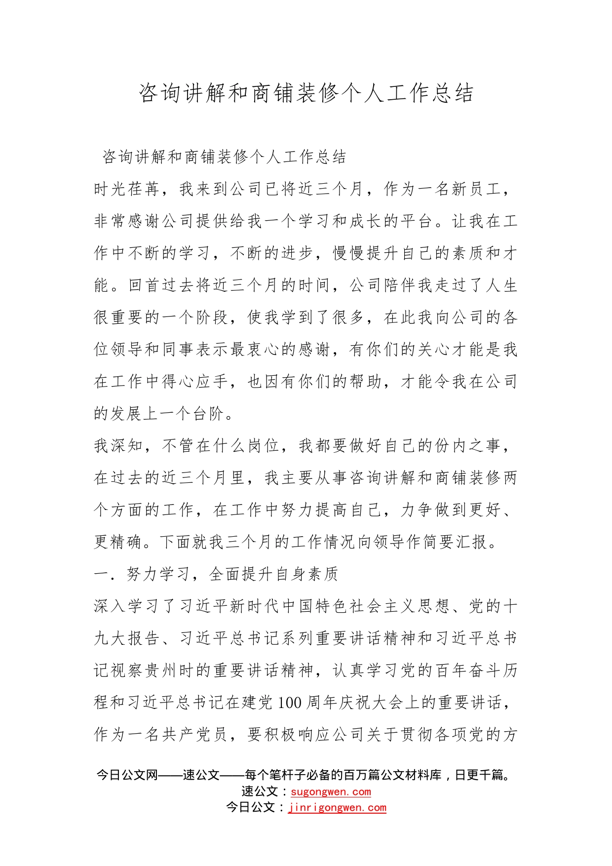 咨询讲解和商铺装修个人工作总结_第1页