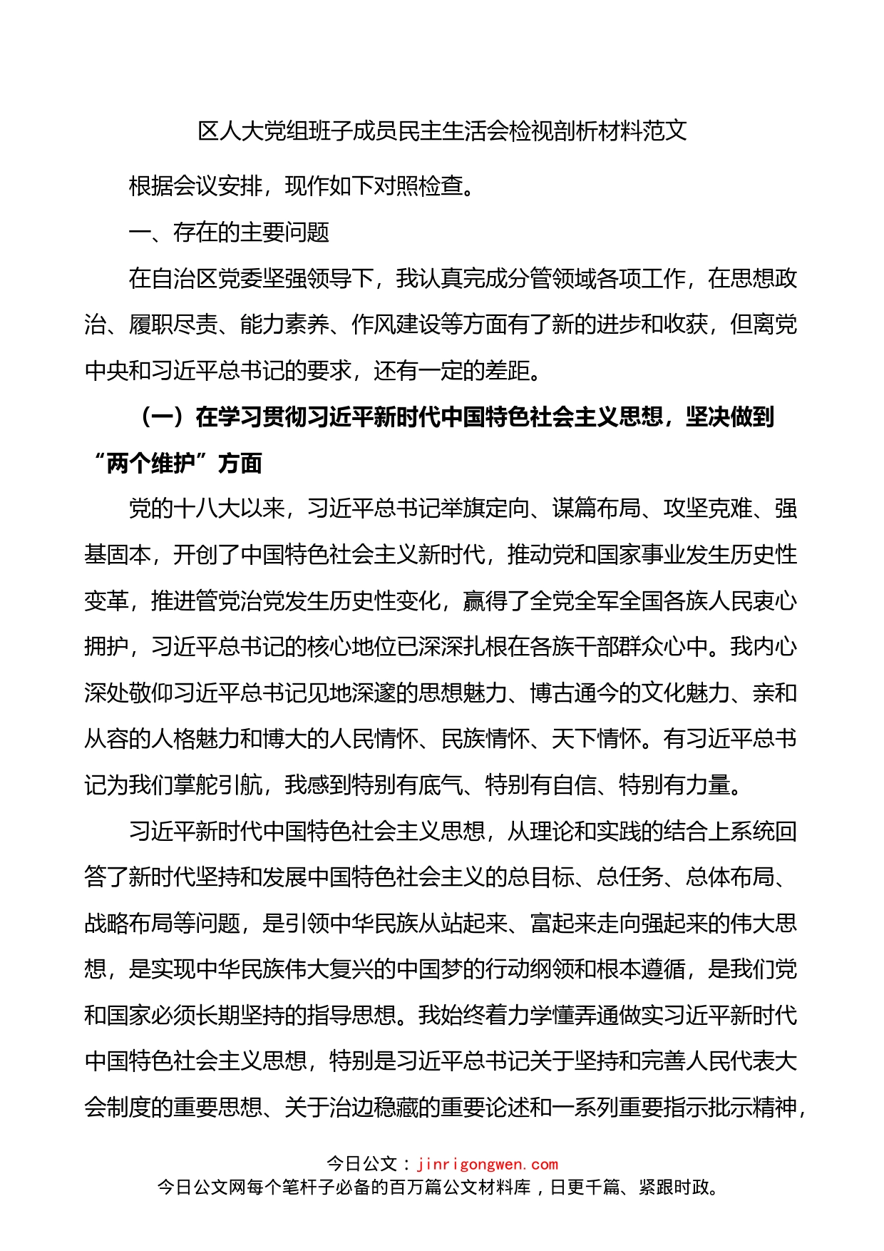 区人大党组班子成员民主生活会检视剖析材料_第1页