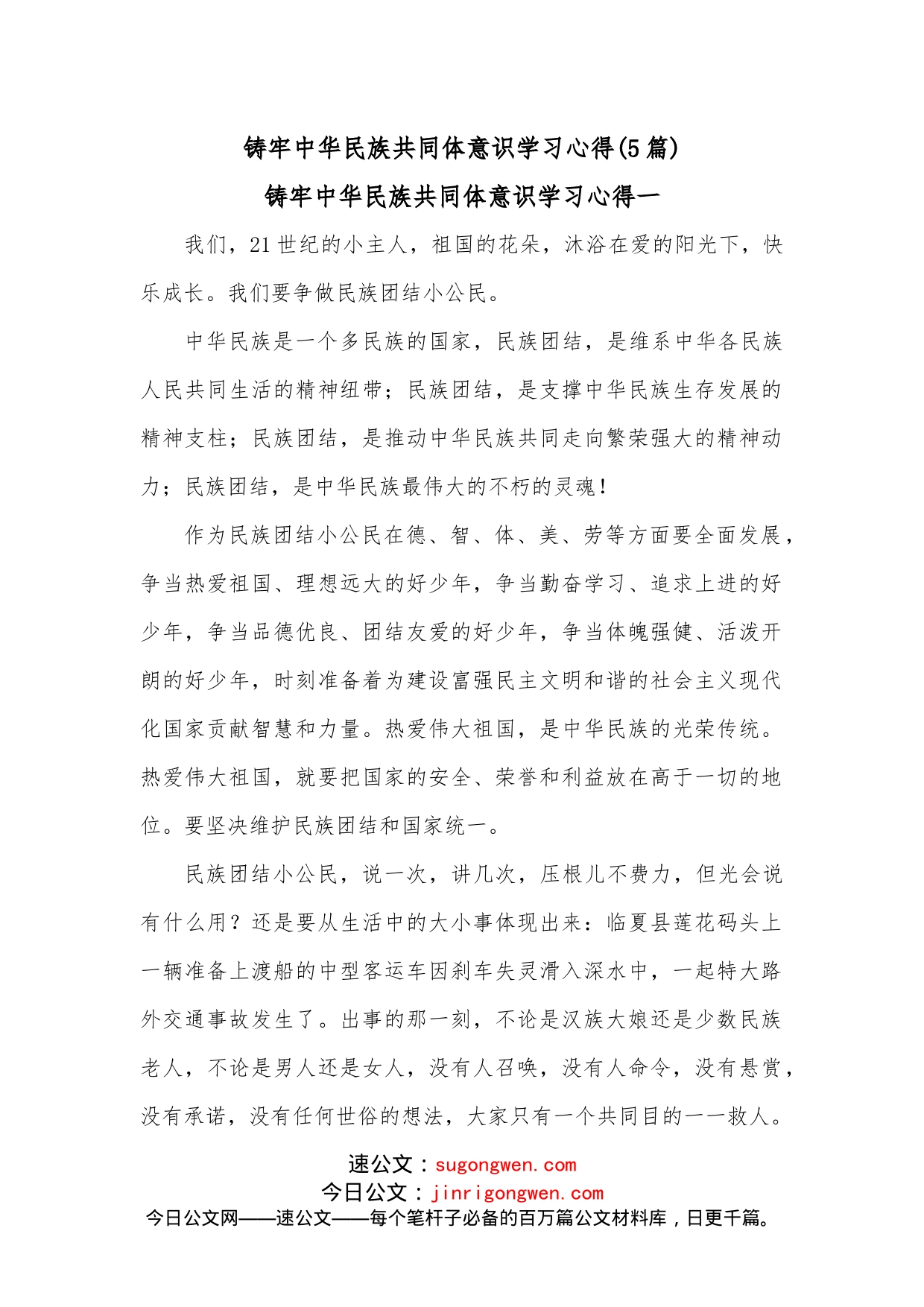 （5篇）铸牢中华民族共同体意识学习心得_第1页