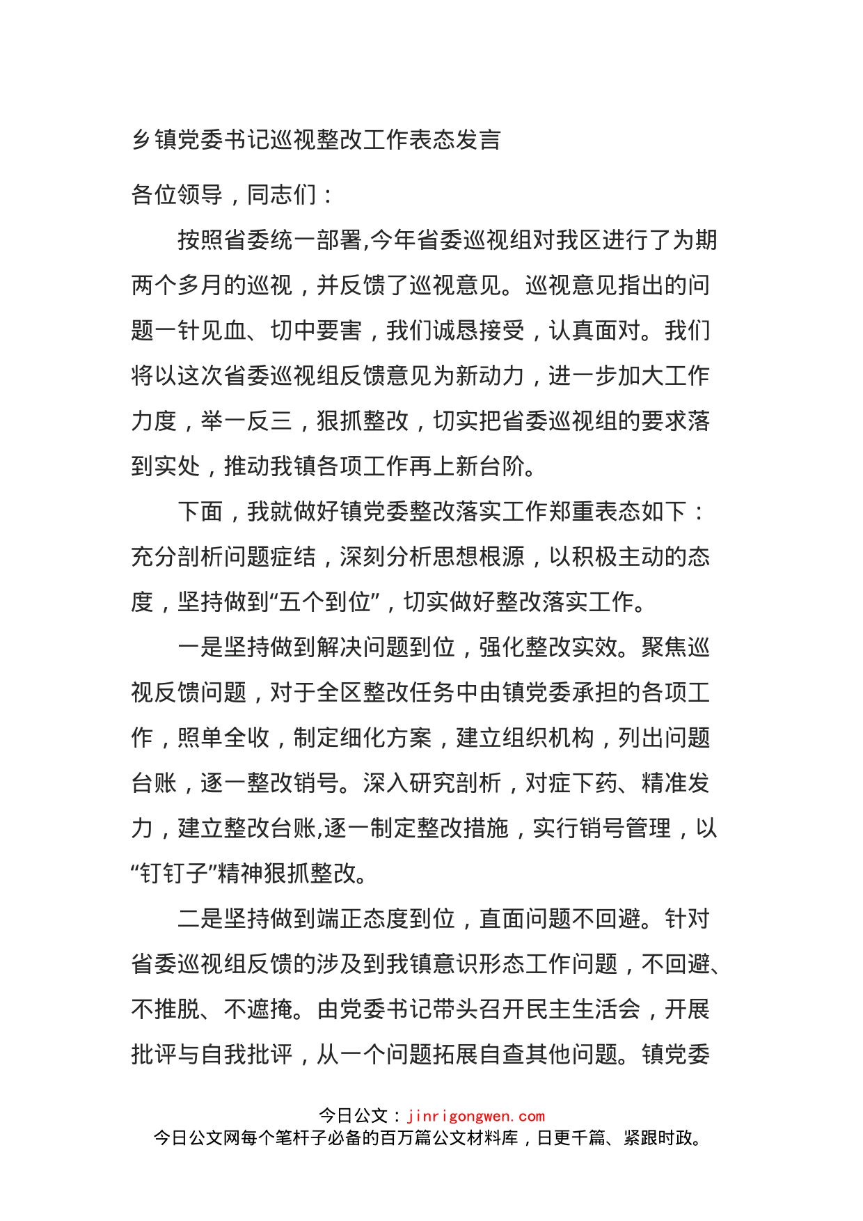 乡镇党委书记巡视整改工作表态发言_第1页