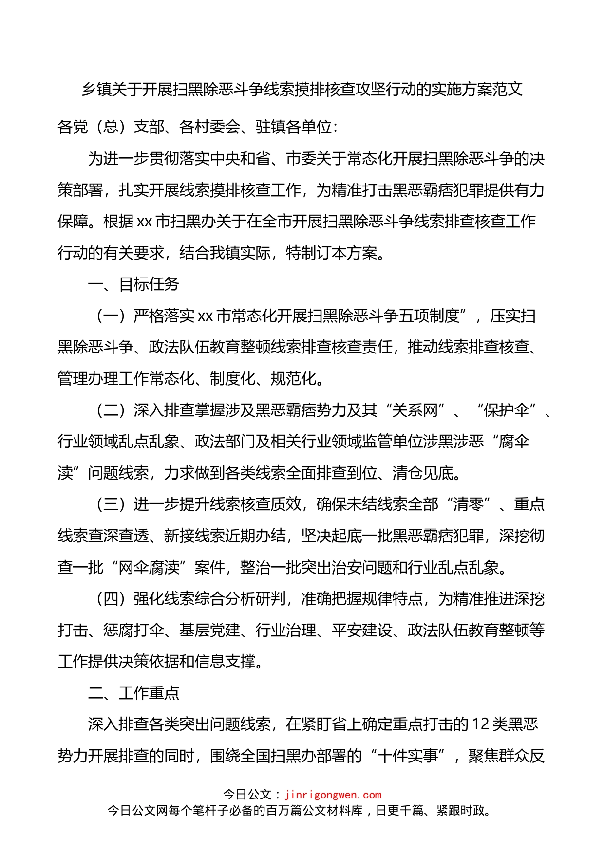 乡镇关于开展扫黑除恶斗争线索摸排核查攻坚行动的实施方案_第1页