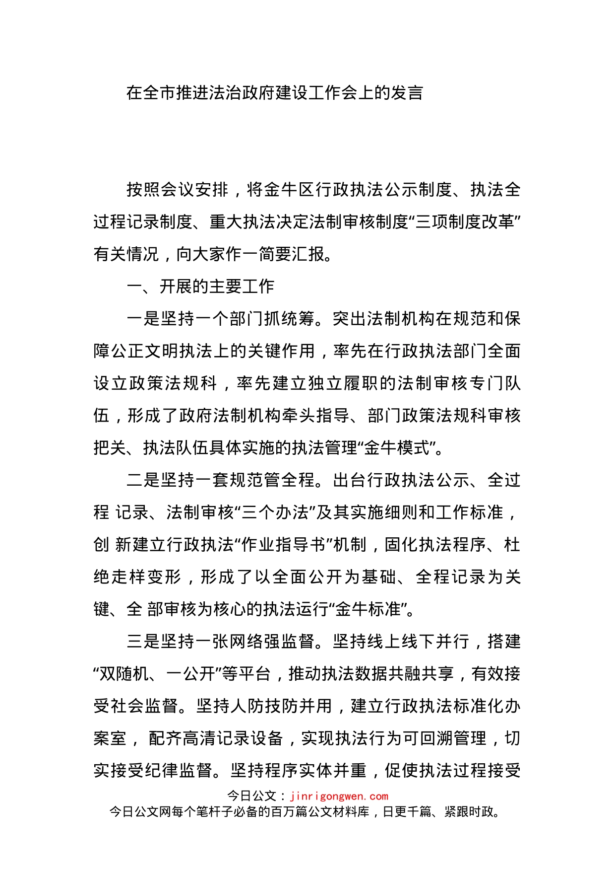 在全市推进法治政府建设工作会上的发言_第1页