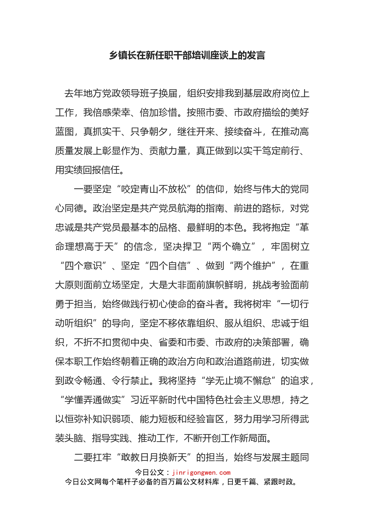 乡镇长在新任职干部培训座谈上的发言_第1页