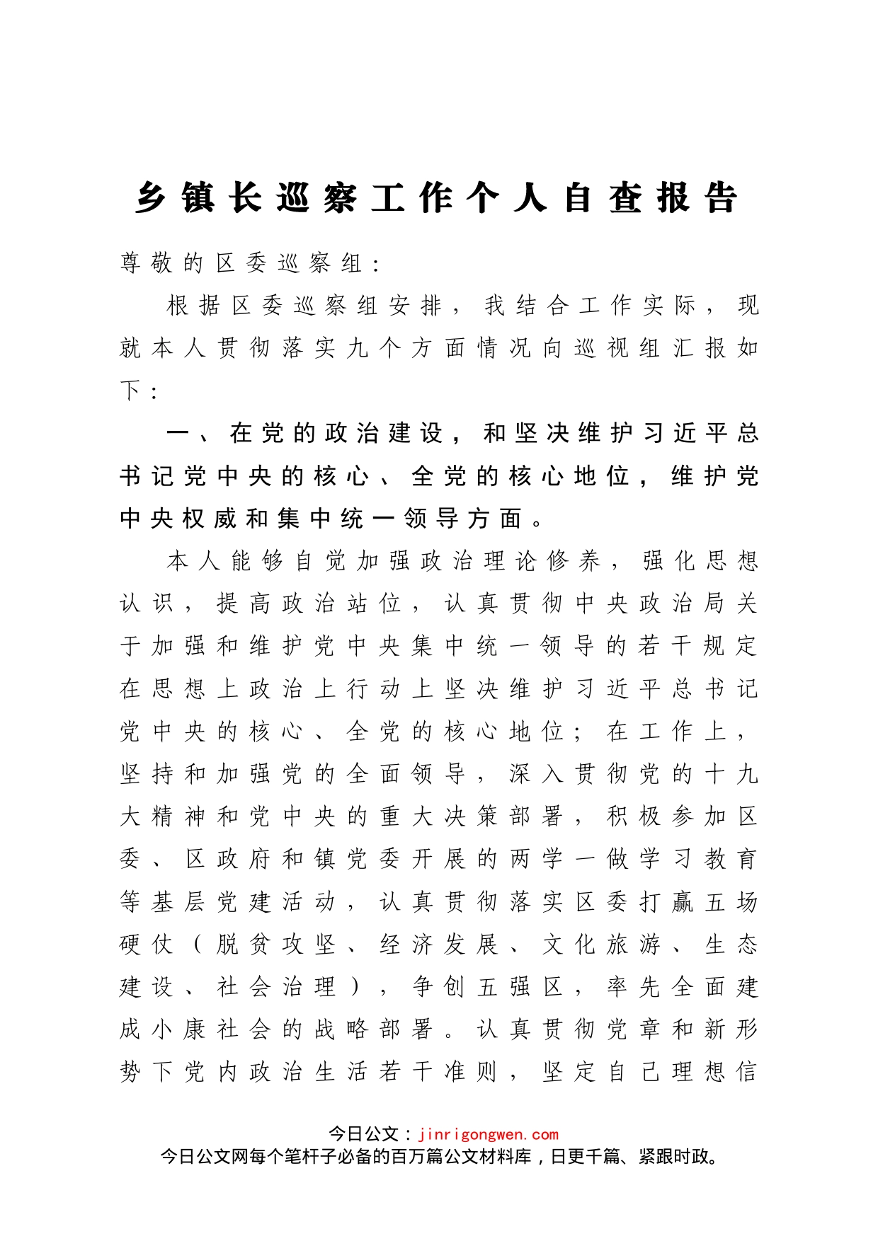 乡镇长巡察工作个人自查报告_第1页