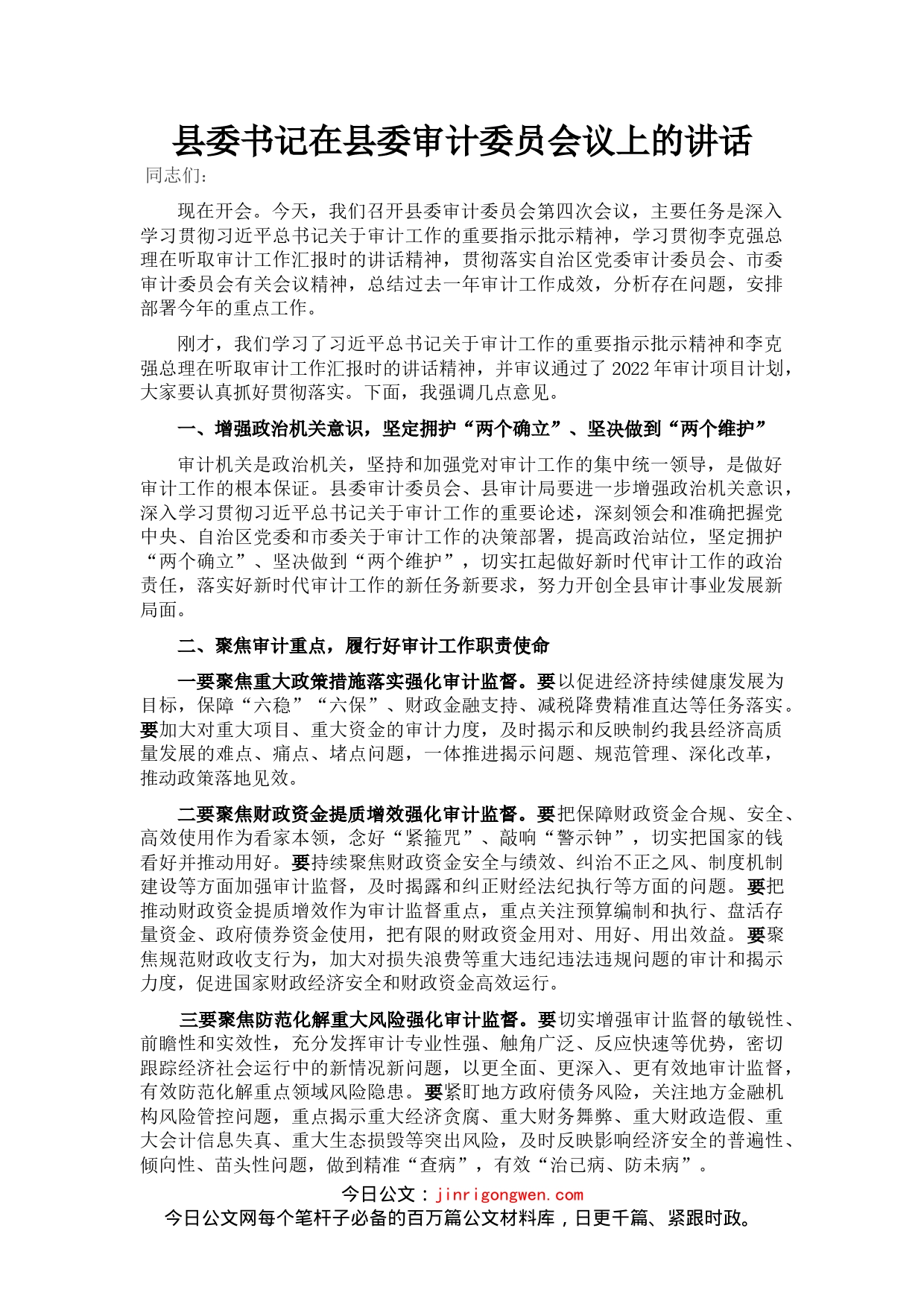 县委书记在县委审计委员会议上的讲话_第1页