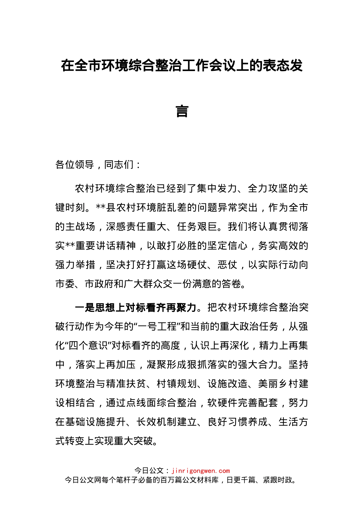 在全市环境综合整治工作会议上的表态发言_第1页