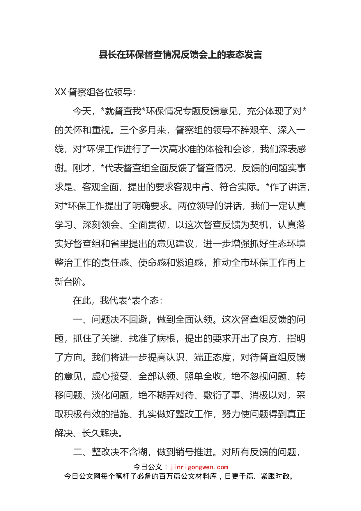 县长在环保督查情况反馈会上的表态发言_第1页