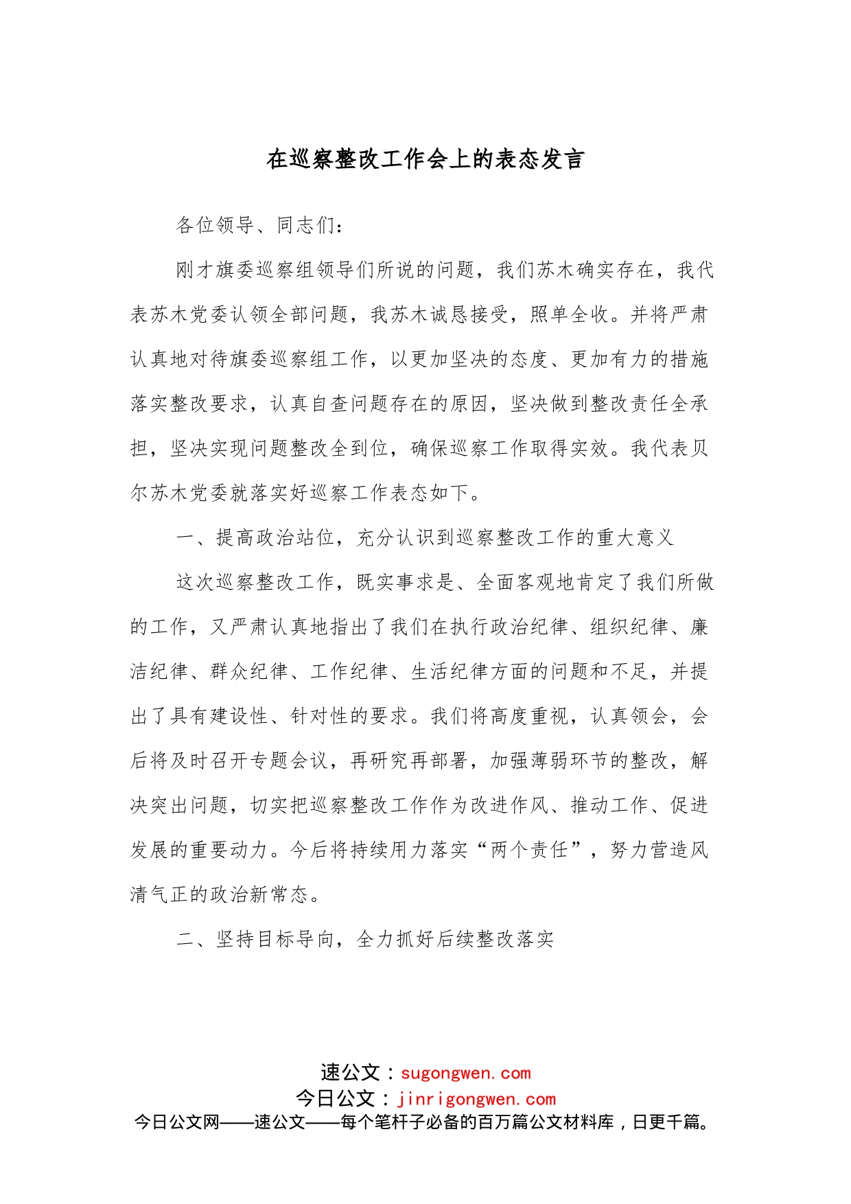 在巡察整改工作会上的表态发言_第1页