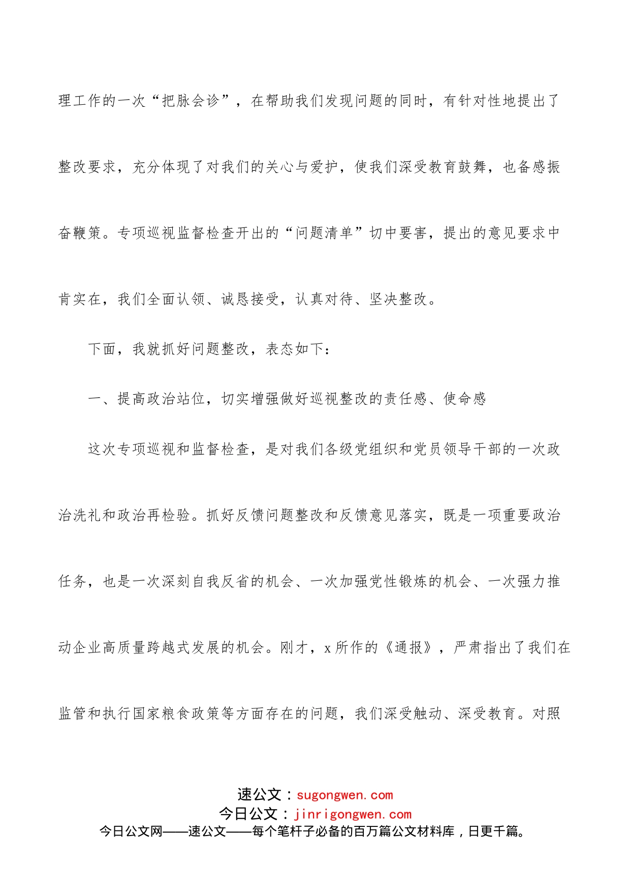 在涉粮问题集中反馈暨整改部署推进会上的表态发言（集团公司）_第2页