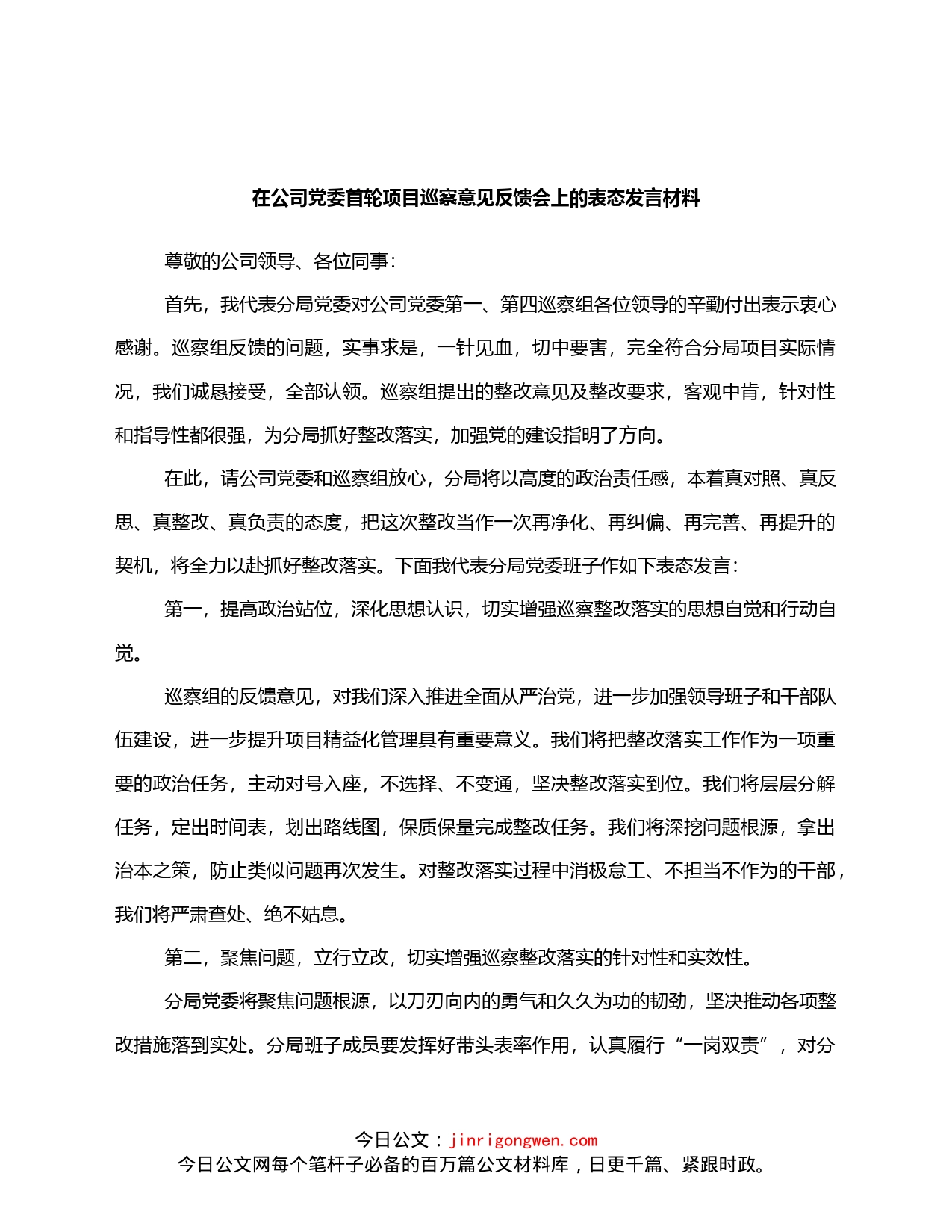 在公司党委首轮项目巡察意见反馈会上的表态发言材料_第1页