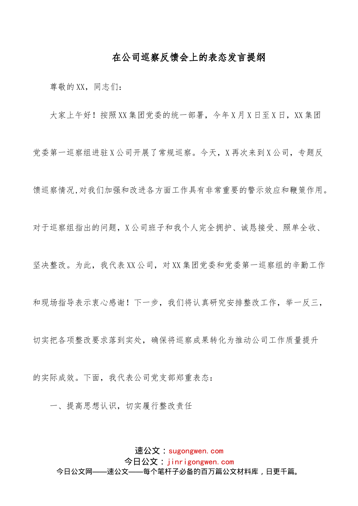 在公司巡察反馈会上的表态发言提纲_第1页