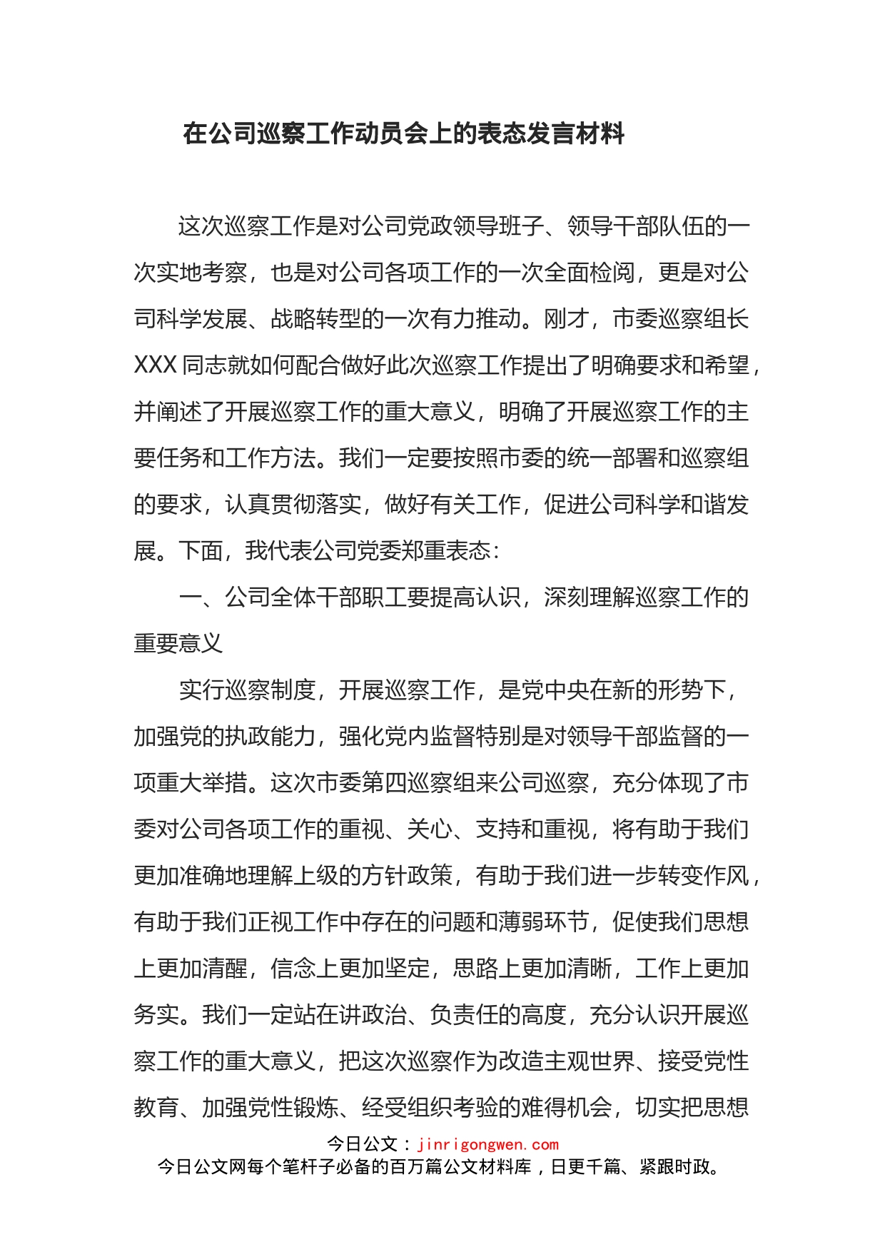 在公司巡察工作动员会上的表态发言材料_第1页