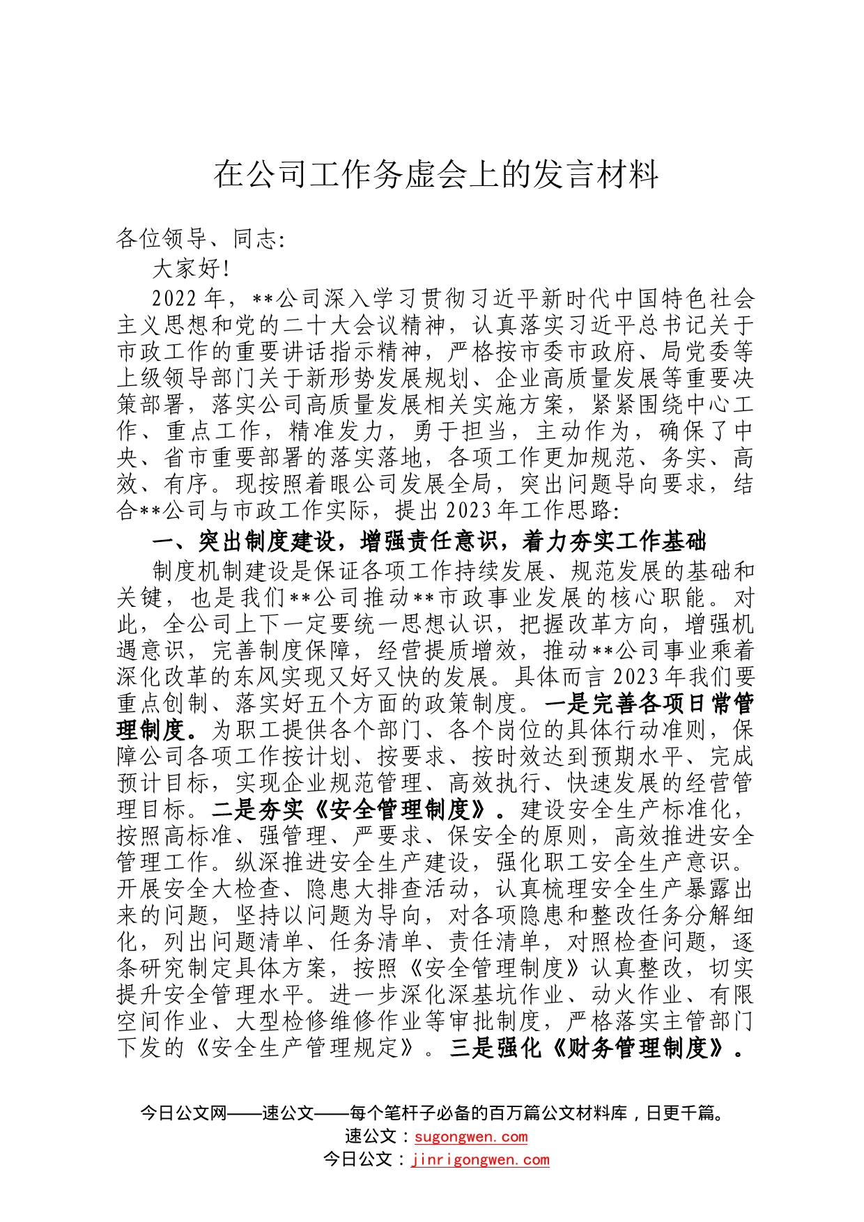 在公司工作务虚会上的发言材料15_第1页