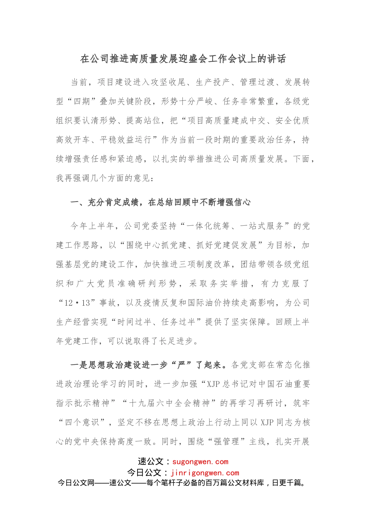 在公司推进高质量发展迎盛会工作会议上的讲话_第1页