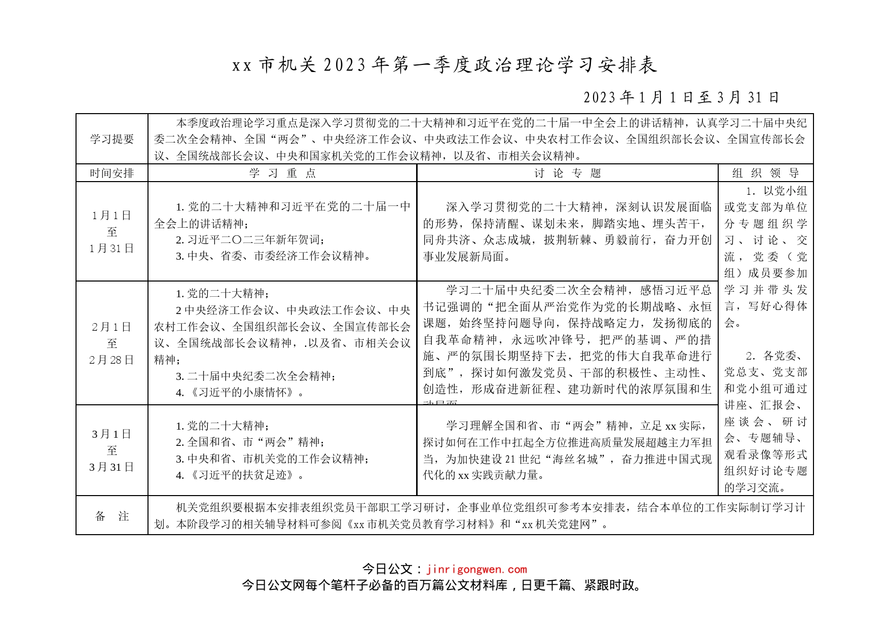 市机关2023年第一季度政治理论学习安排表_第1页