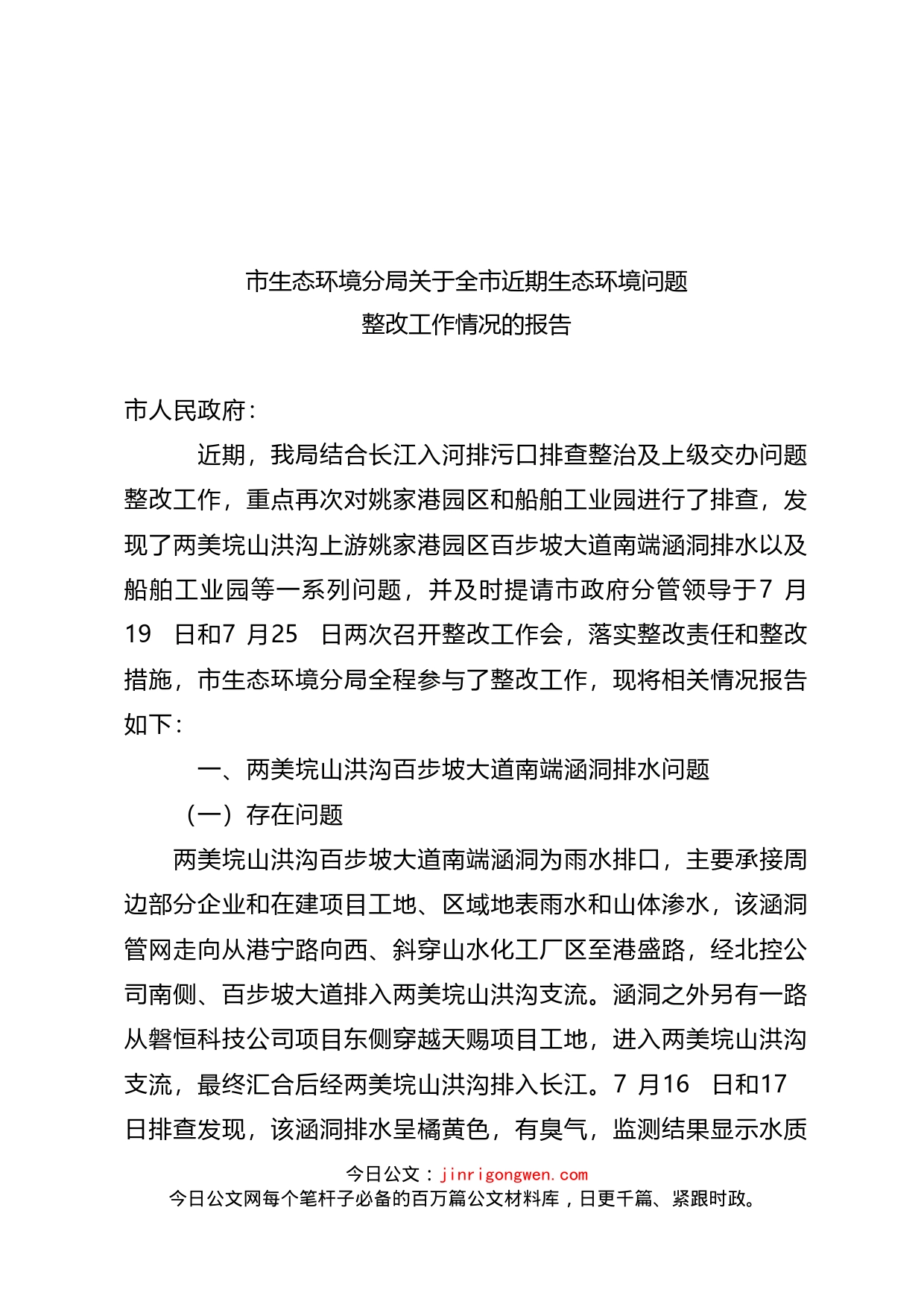 市生态环境分局关于全市近期生态环境问题整改工作情况的报告_第1页