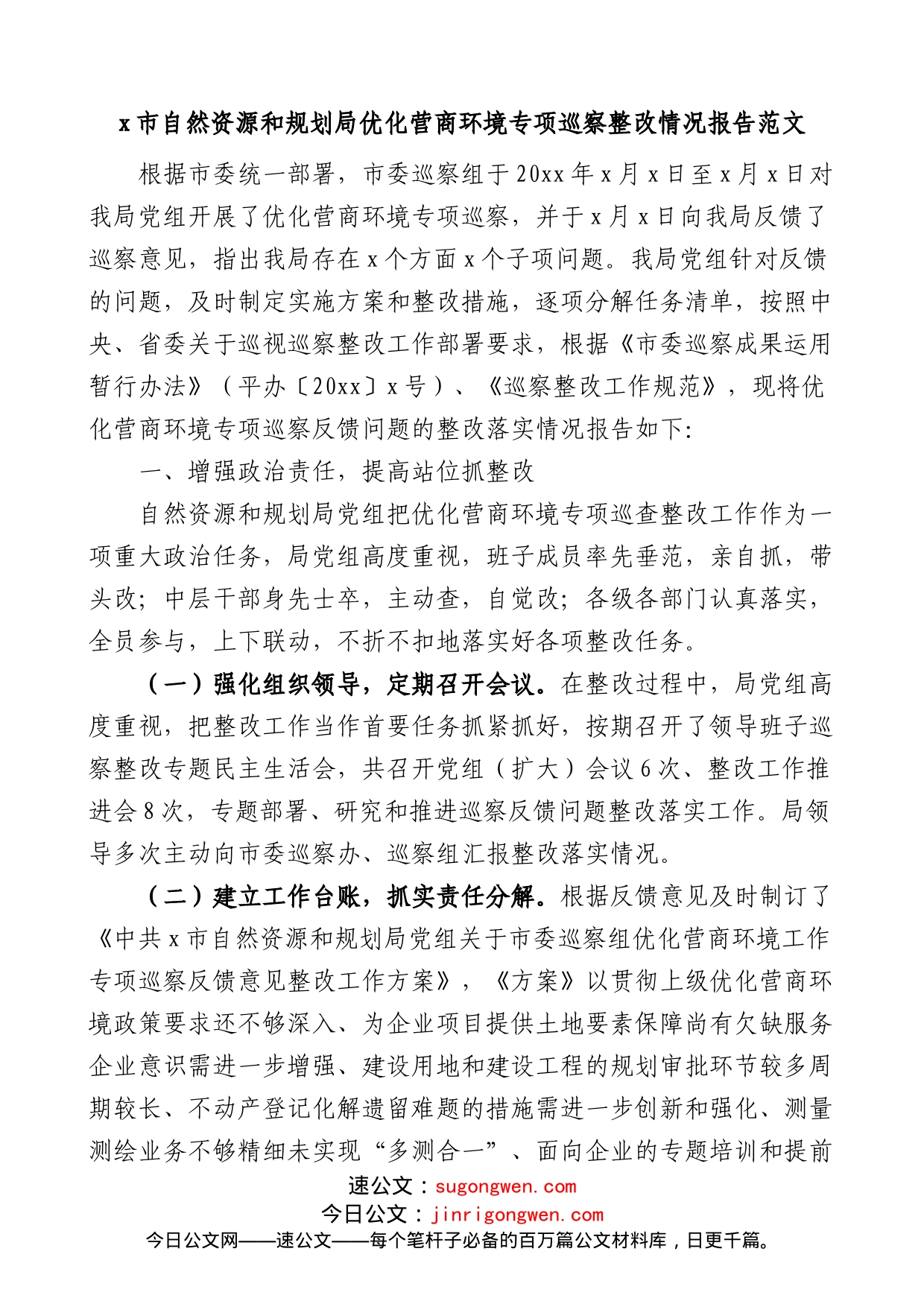 市自然资源和规划局优化营商环境专项巡察整改情况报告范文_第1页